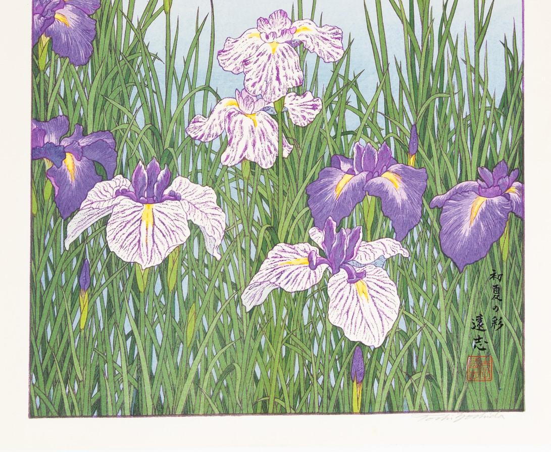 Artist: Toshi Yoshida (1911-1995)
Title: Irises and Ducks
Date: 20th century
Original Pencil Signature
Size: 34.5 x 54.5 cm
Condition: Light crease on top left corner.

One of the most famous Japanese woodblock print artists of the 20th century,