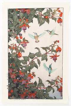 Vintage Toshi Yoshida, Original Woodblock Print, Hummingbird and Fuchsia, Nature, Bird