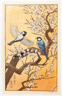 Toshi Yoshida, Plum Tree, Birds, Spring Time, Original Woodblock Print, Nature