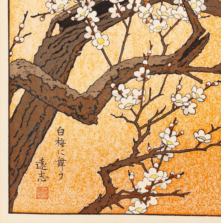 Toshi Yoshida, Plum Tree, Birds, Spring Time, Original Woodblock Print, Nature 2
