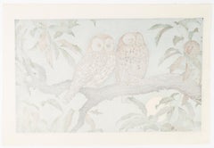 Toshi Yoshida, Original Woodblock Print, Nature, Two Owls, Birds, 20th century