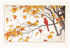 Toshi Yoshida, Cardinals, Late Autumn, Original Woodblock Print, Shin-hanga