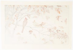 Toshi Yoshida, Cardinals, Late Autumn, Original Woodblock Print, Shin-hanga