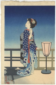 Yoshikawa Kanpo, Japanese Woodblock Print, Beauty, Maiko, Moon, Shin-Hanga