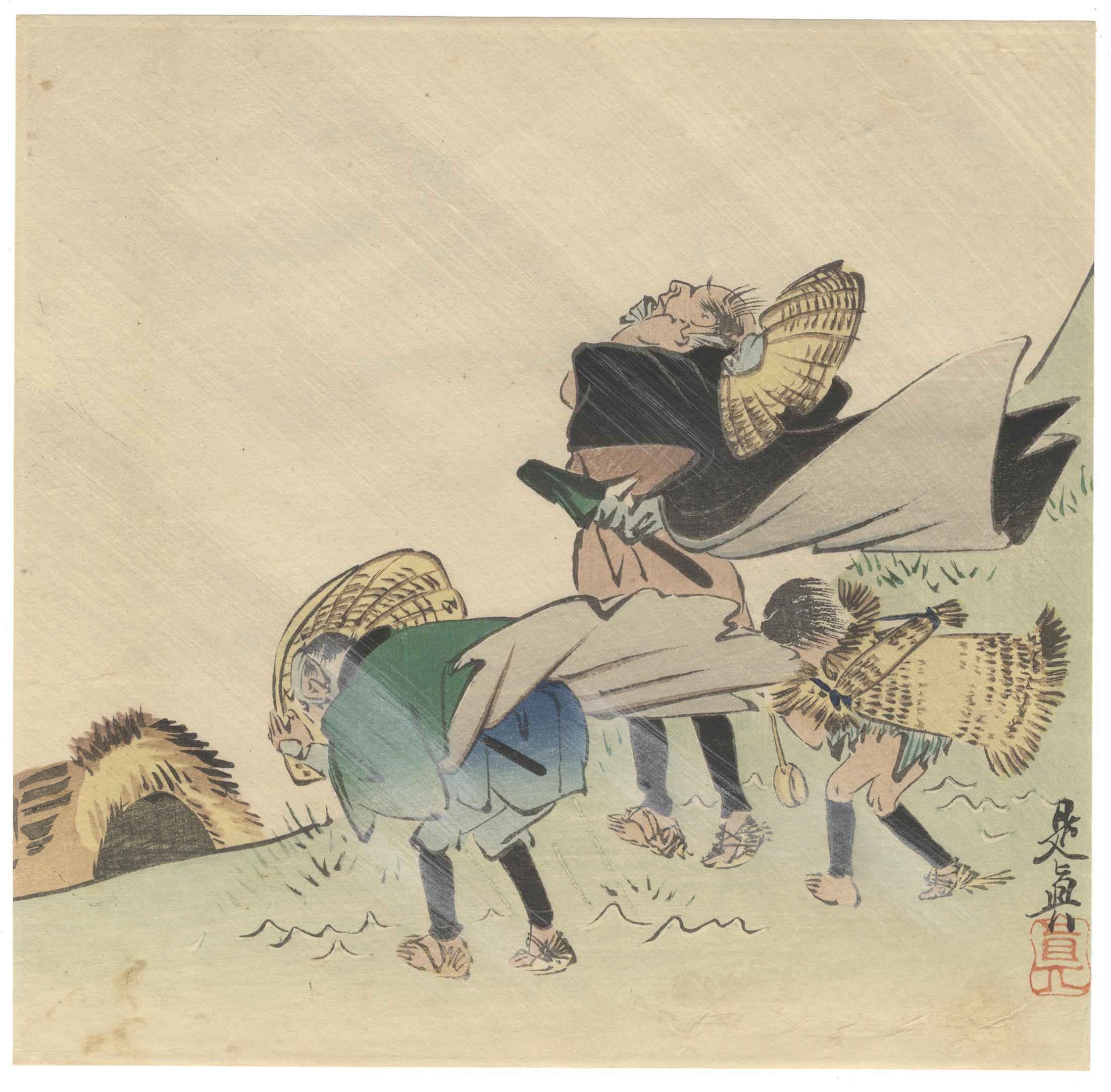 Artist: Zeshin Shibata (1807 - 1891)
Title: Three travelers caught in the wind
Date: late 19th century
Size: 23.5 x 22.7 cm
Condition: Slightly trimmed. Light creases and minor brown stains. 

The son of a sculptor, Zeshin was born and lived in Edo.
