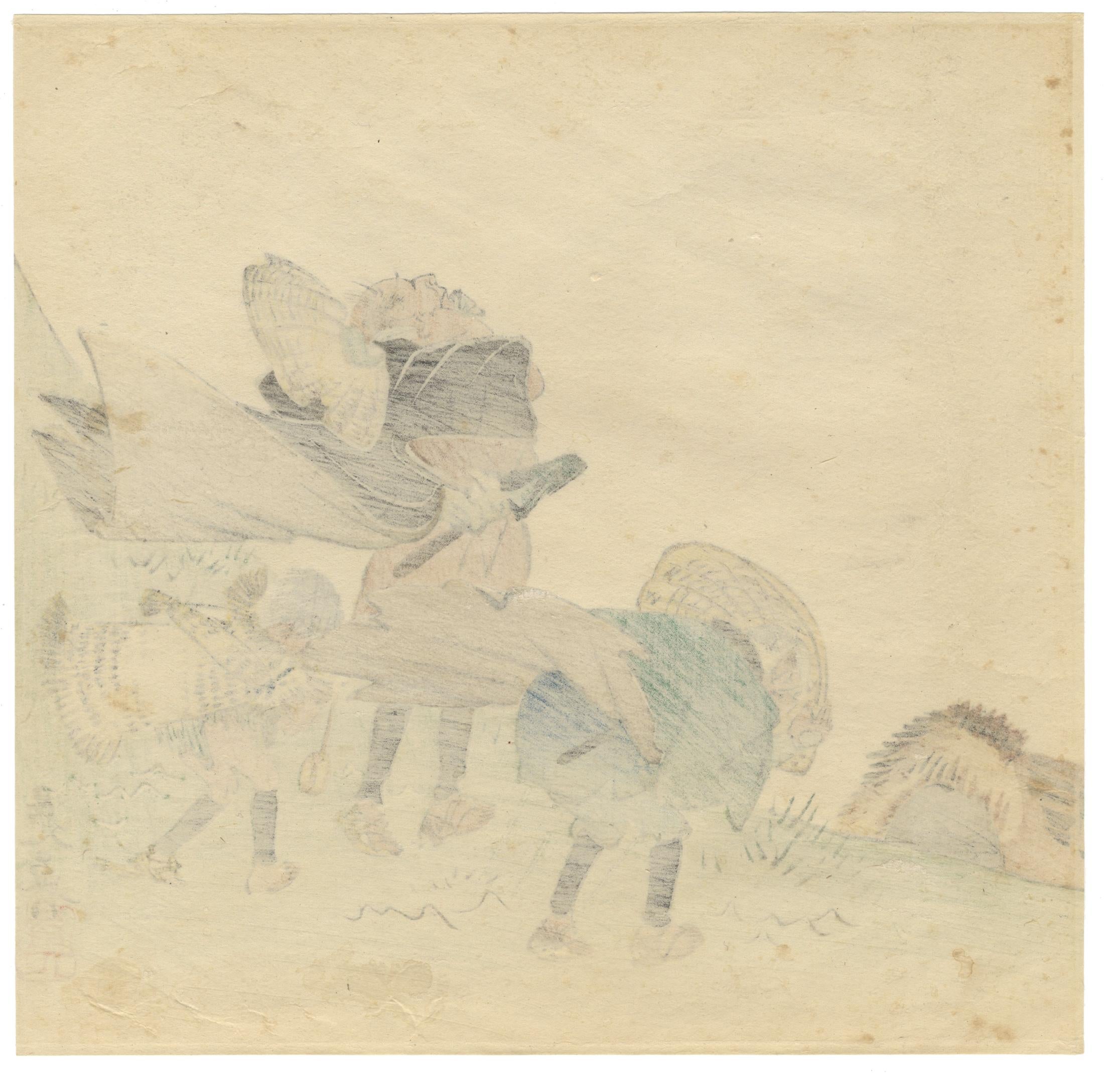 Zeshin Shibata, Travellers, Wind, Original Japanese Woodblock Print, Ukiyo-e For Sale 4