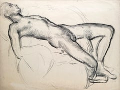 Large Drawing of Male Nude Lying on a Bed with Legs on Floor