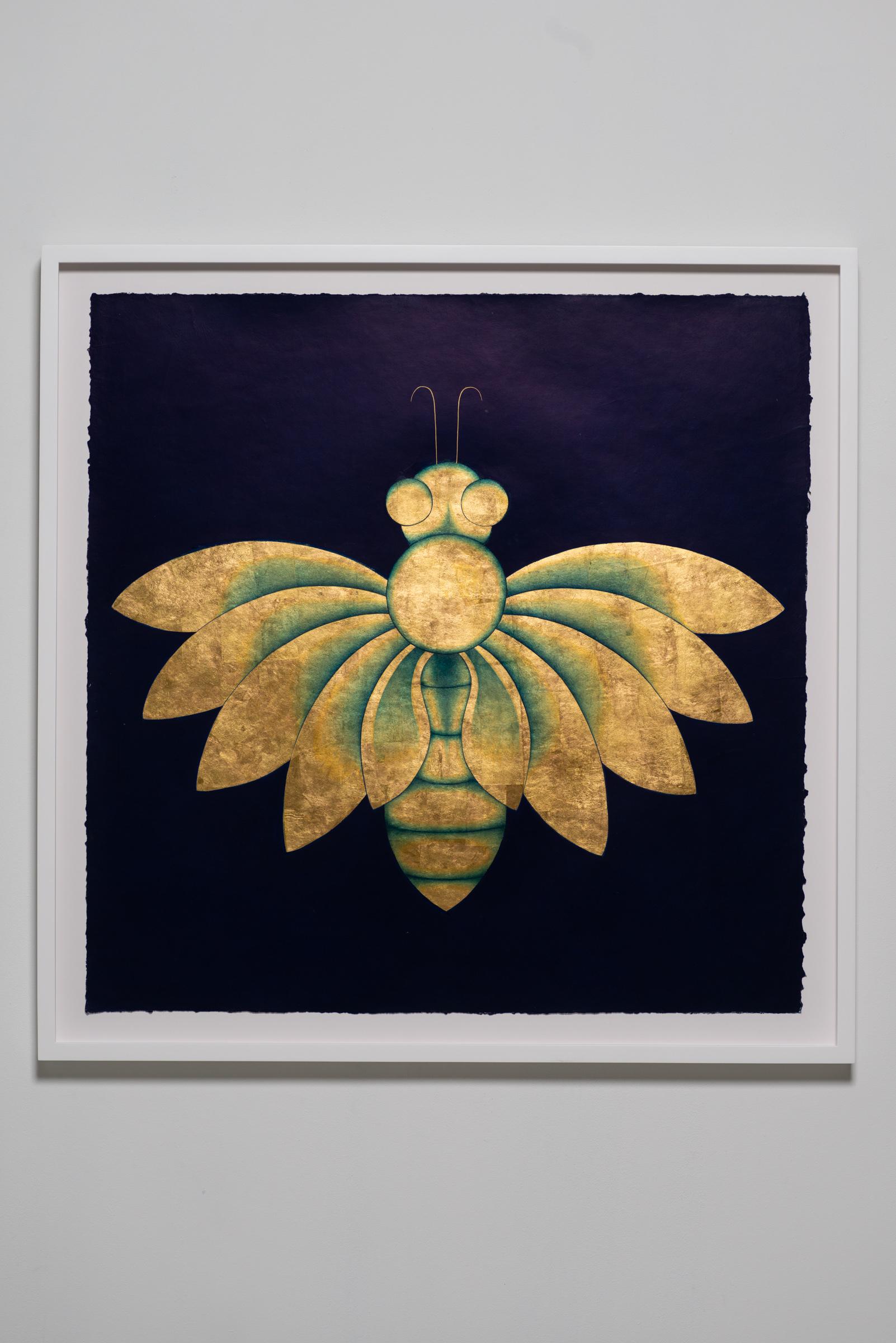 Miniatur-Polyptychon in Indigo und Blattgold auf handgeschöpftem Papier, gerahmt im Angebot 2