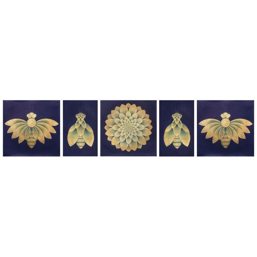 polyptyque miniature à feuilles d'indigo et d'or sur papier fait main, encadré  - Art de Olivia Fraser