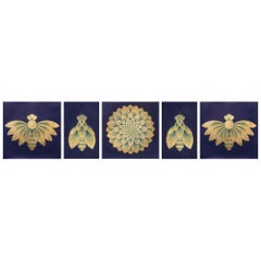 Indigo and gold leaf miniature polyptych on handmade paper, framed 