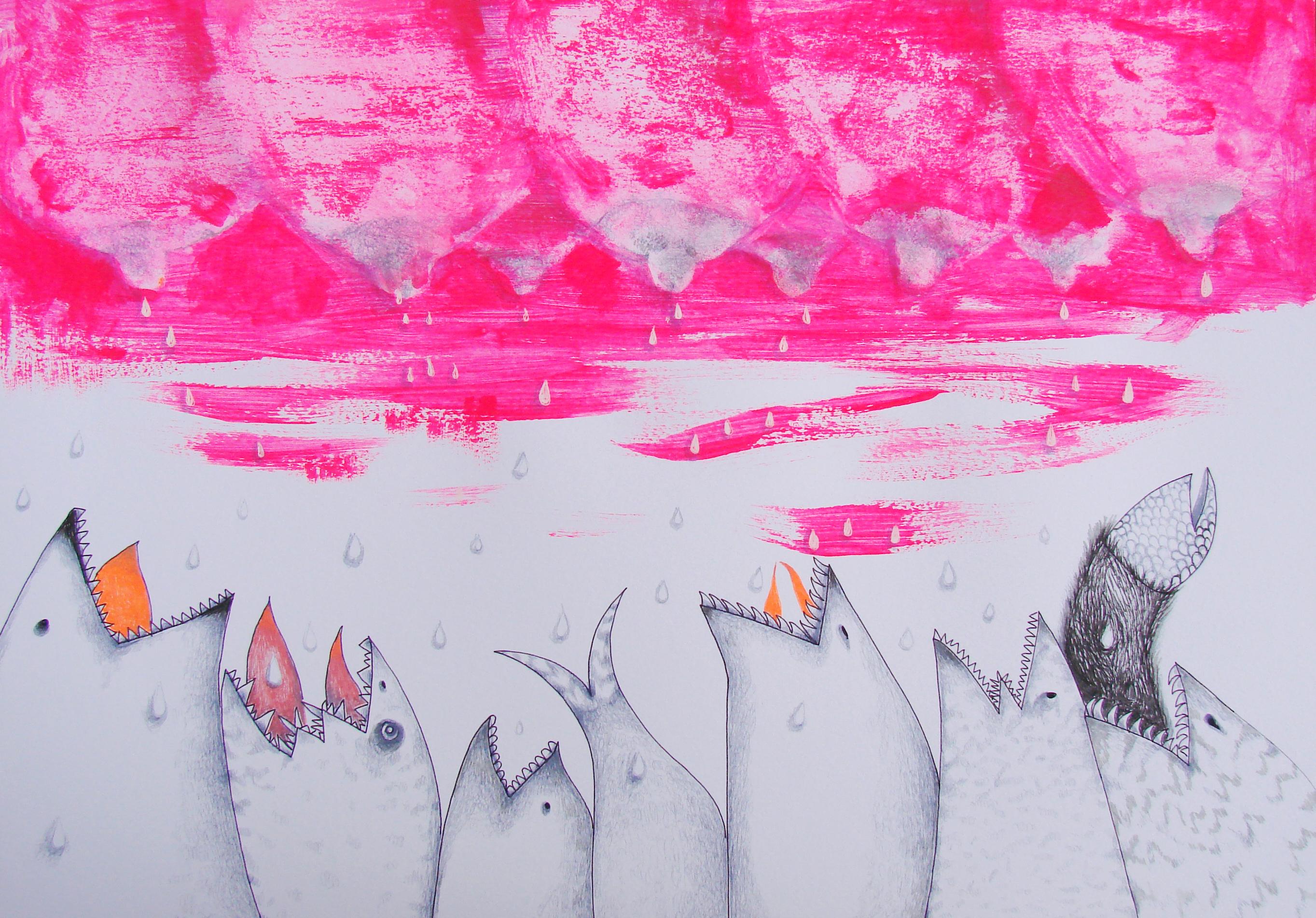 Predatory Animals - Drawing, Pink, Animals, Orange, Surrealist