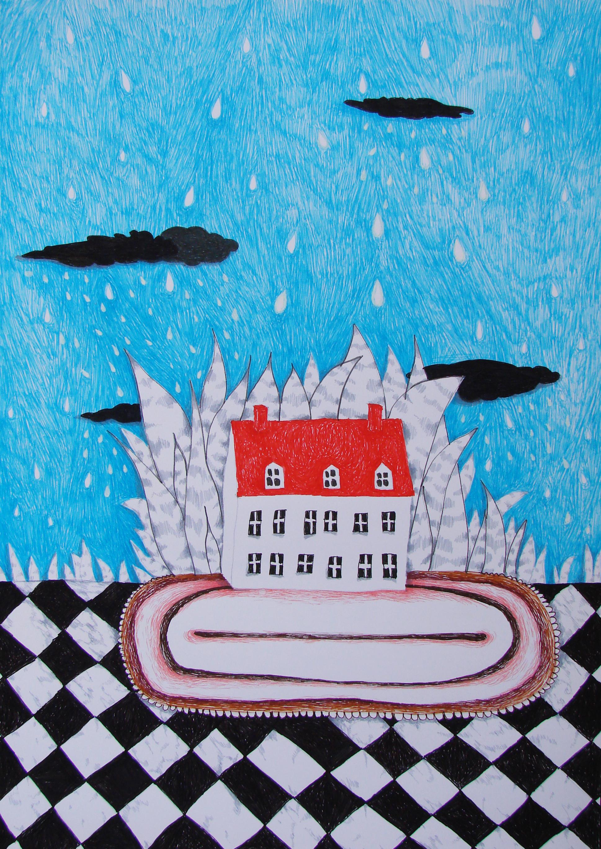 Haus der Träume – Blau, Rot, Zeichnung, figurativ, 21. Jahrhundert