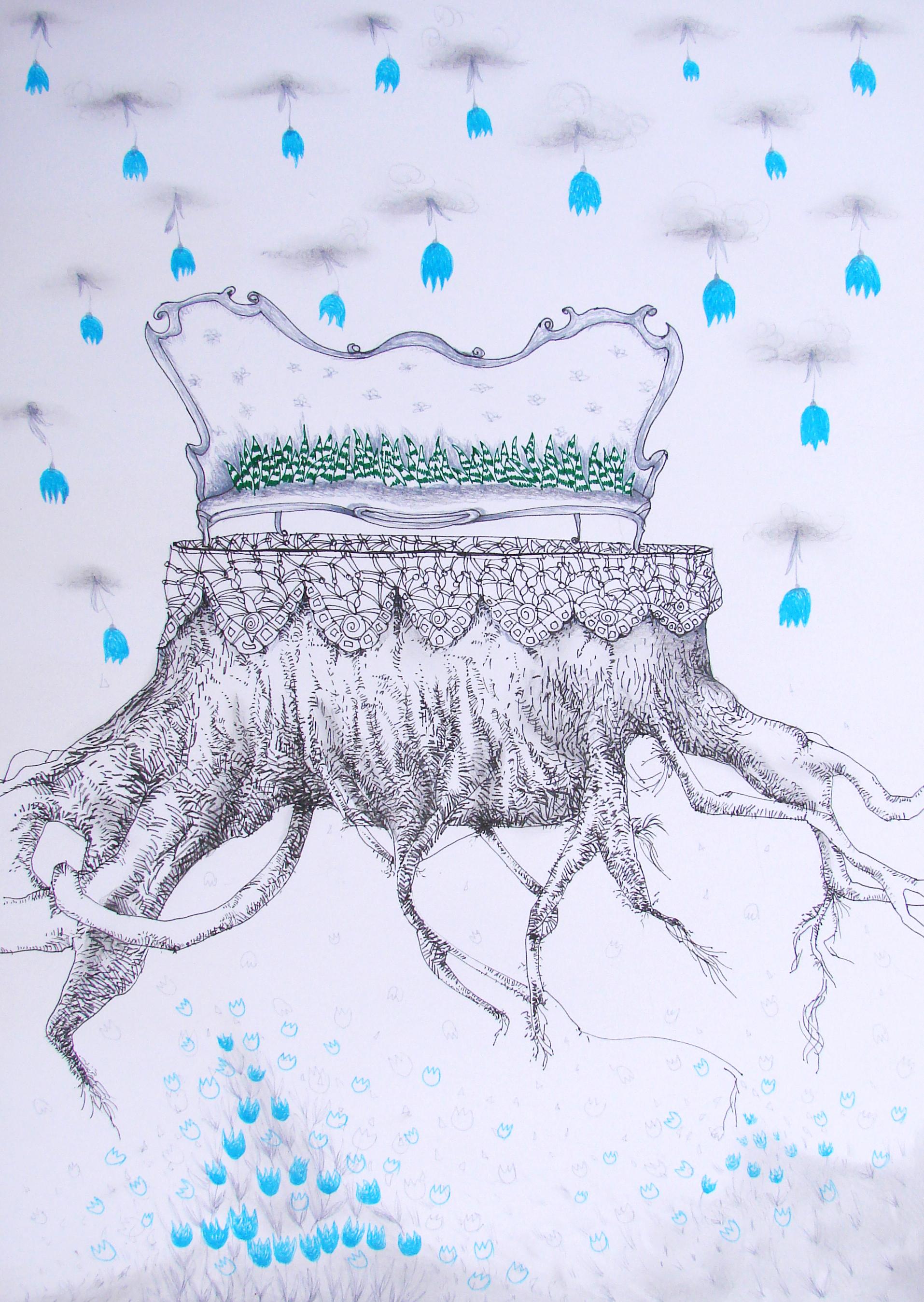 Royal Dreams - 21st Century, Drawing on Paper, Tree, Crown, Blue, Fantasy