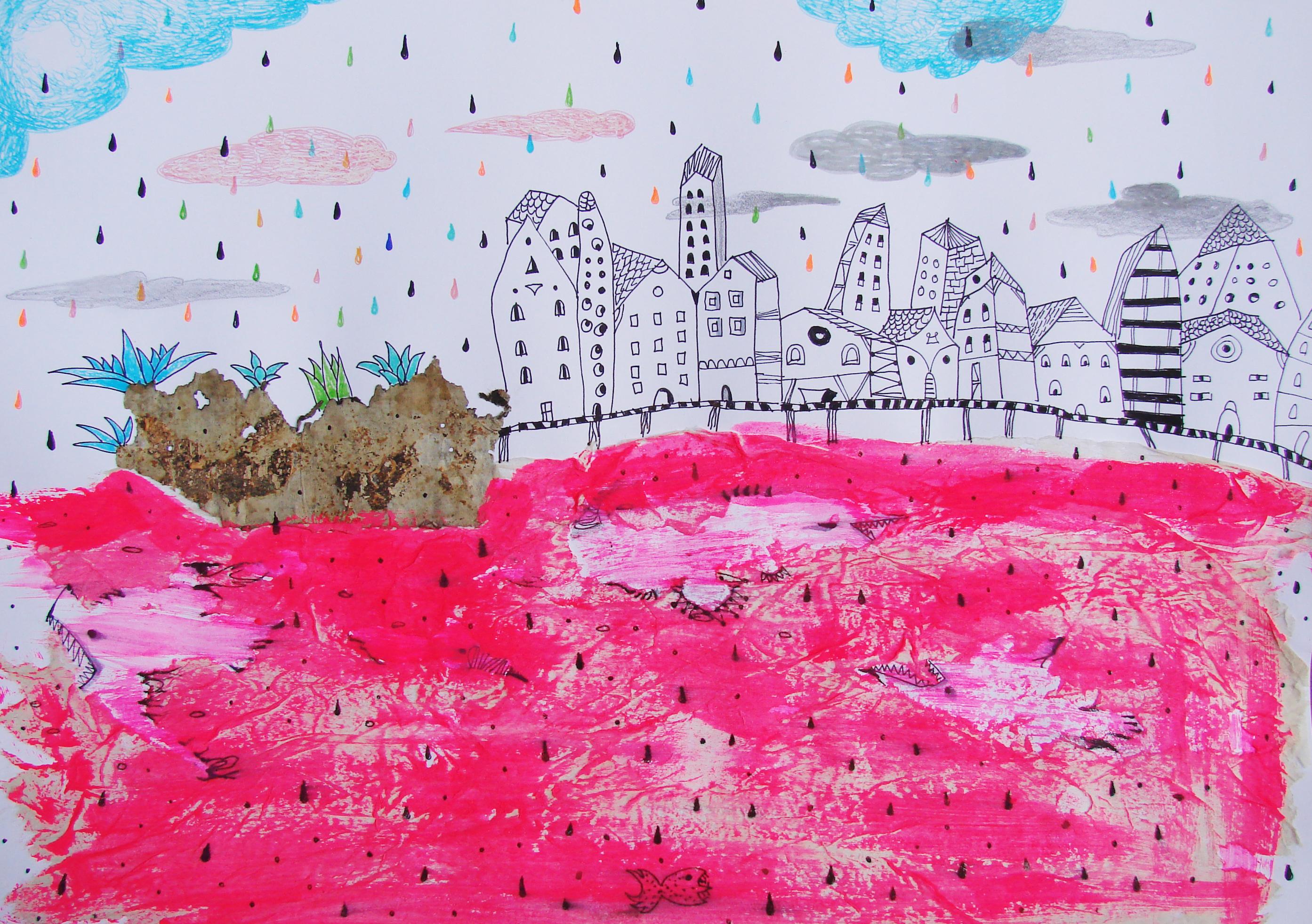 Rotes Meer - Zeitgenössisch, Zeichnung auf Papier, Rosa, traumhaft, figürlich