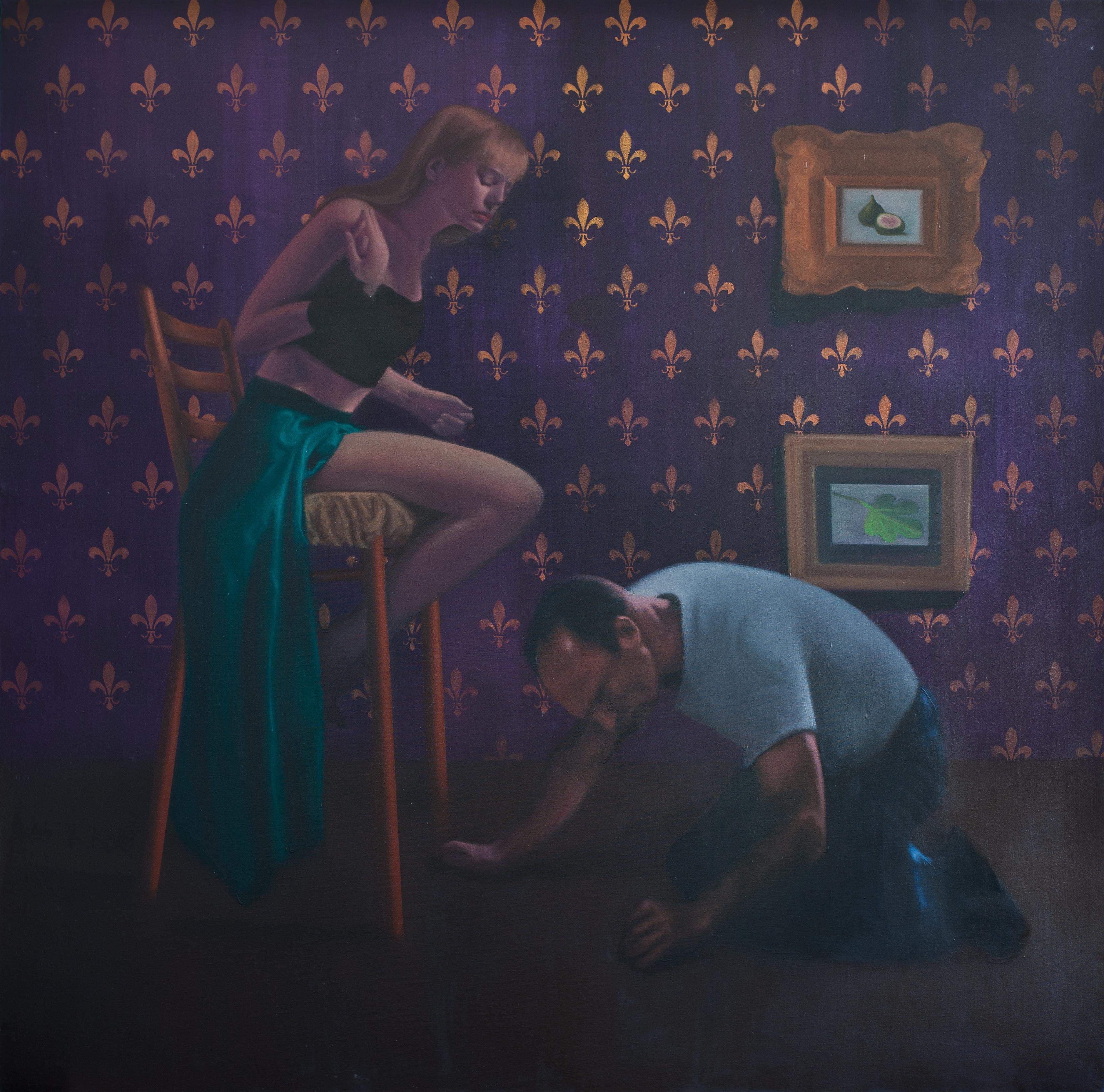 Acquiescence -  21st Century, Figurative Painting, Interior, Purple, Couple