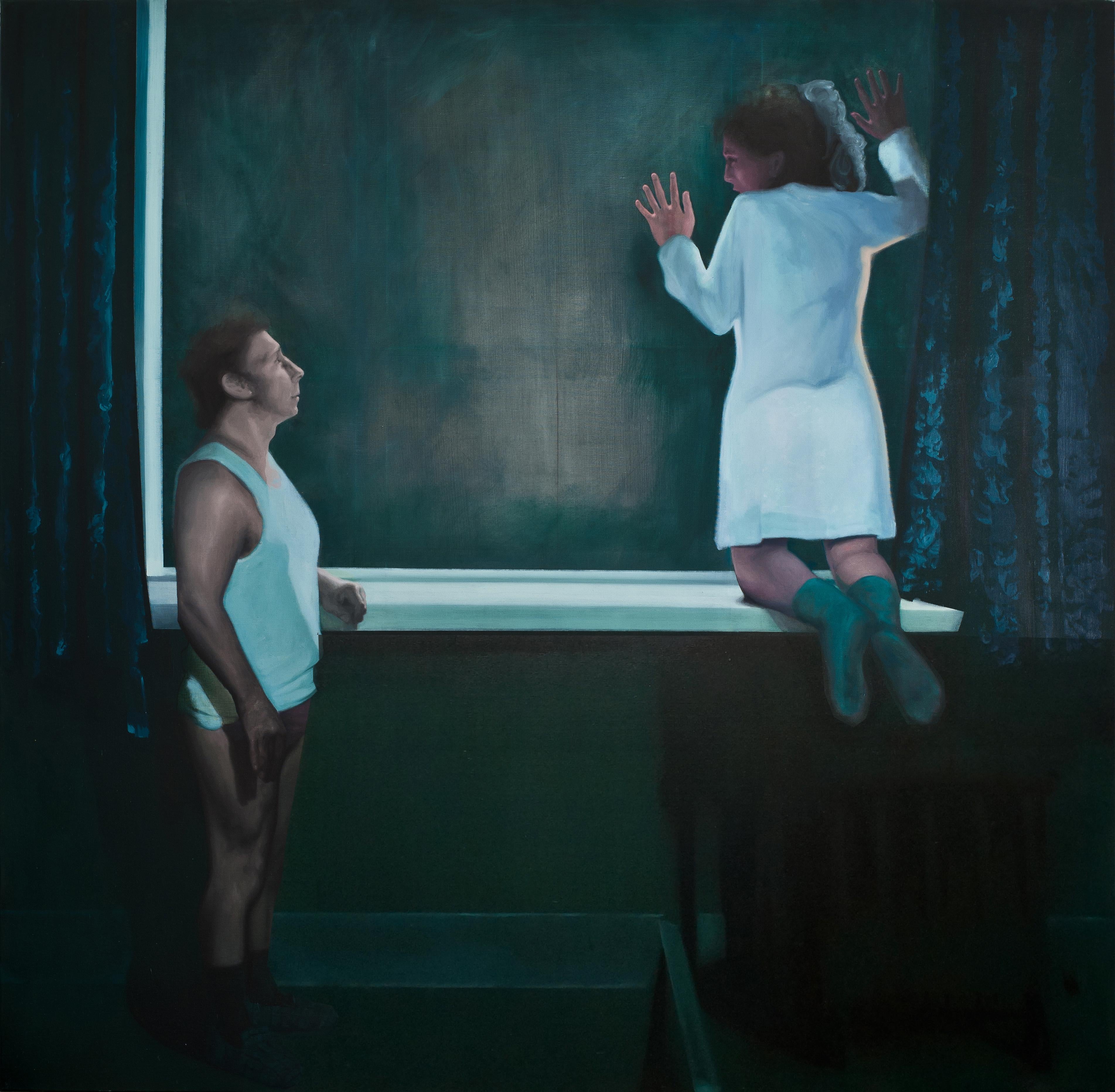 Radu Rodideal Interior Painting - Distrust - Contemporary, Figurative Painting, Window, Blue, Human, Female, Male