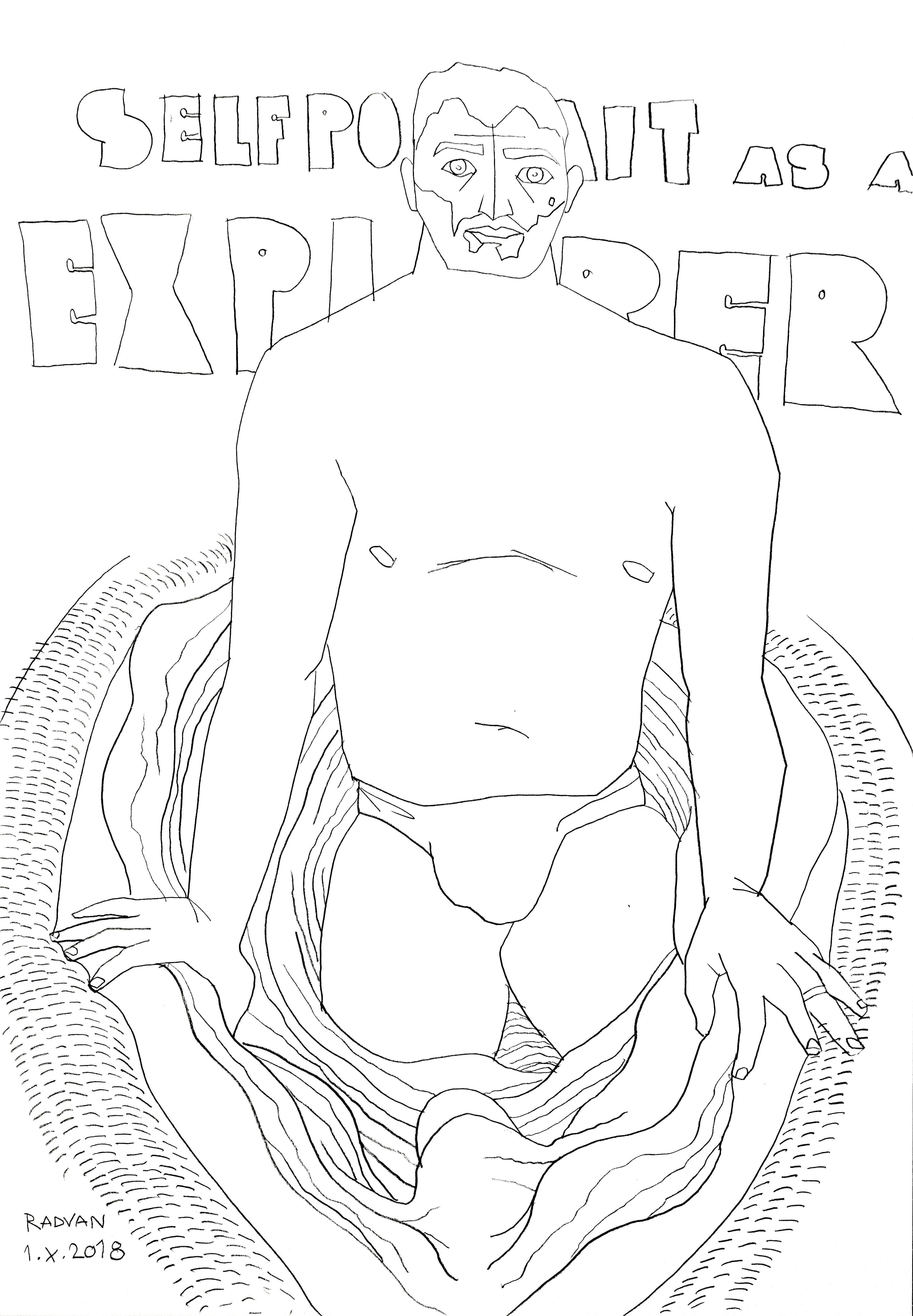 Alexandru Rădvan Nude – Selbstporträt als Explorer - 21. Jahrhundert, Akt, Zeichnung, männlich, figurative Kunst