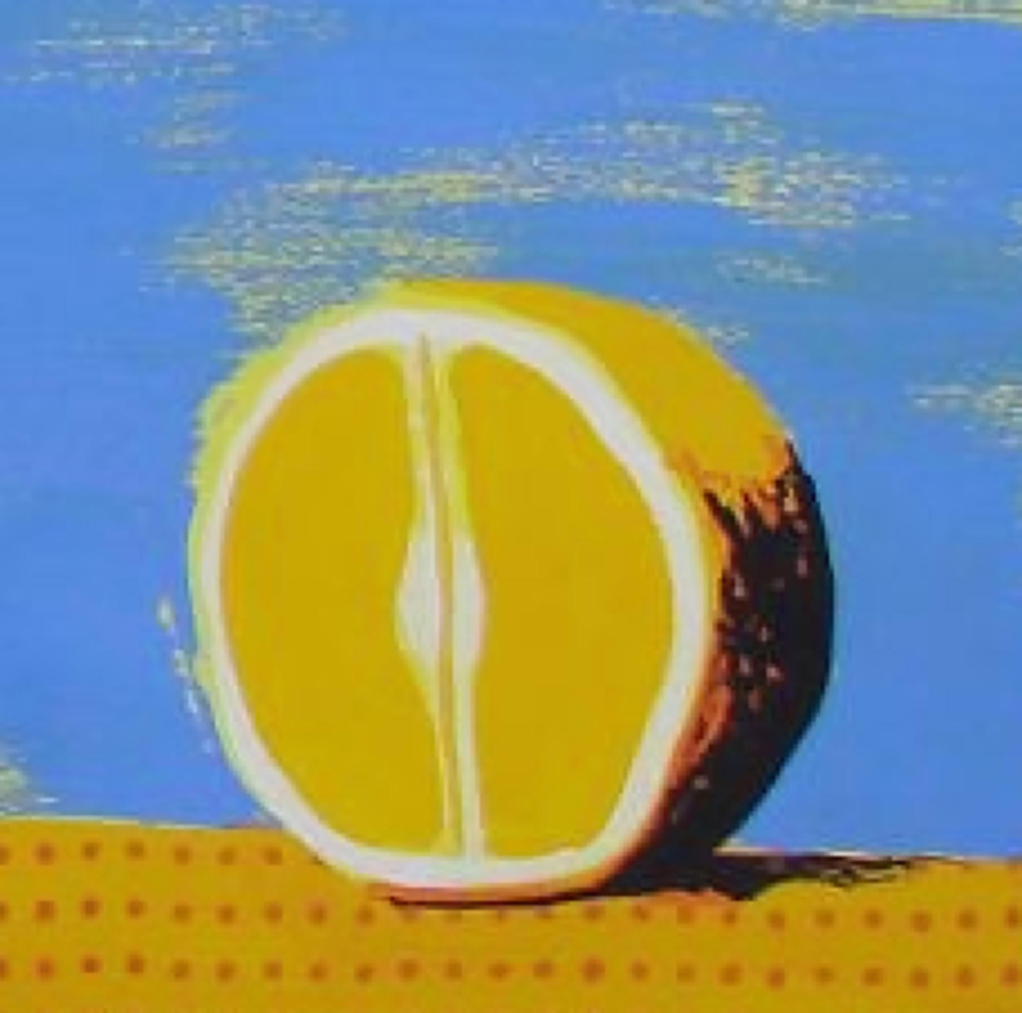 Bodegon II - Contemporary, Still Life, Fruits, Light Blue, Yellow, Banana, Lemon For Sale 1