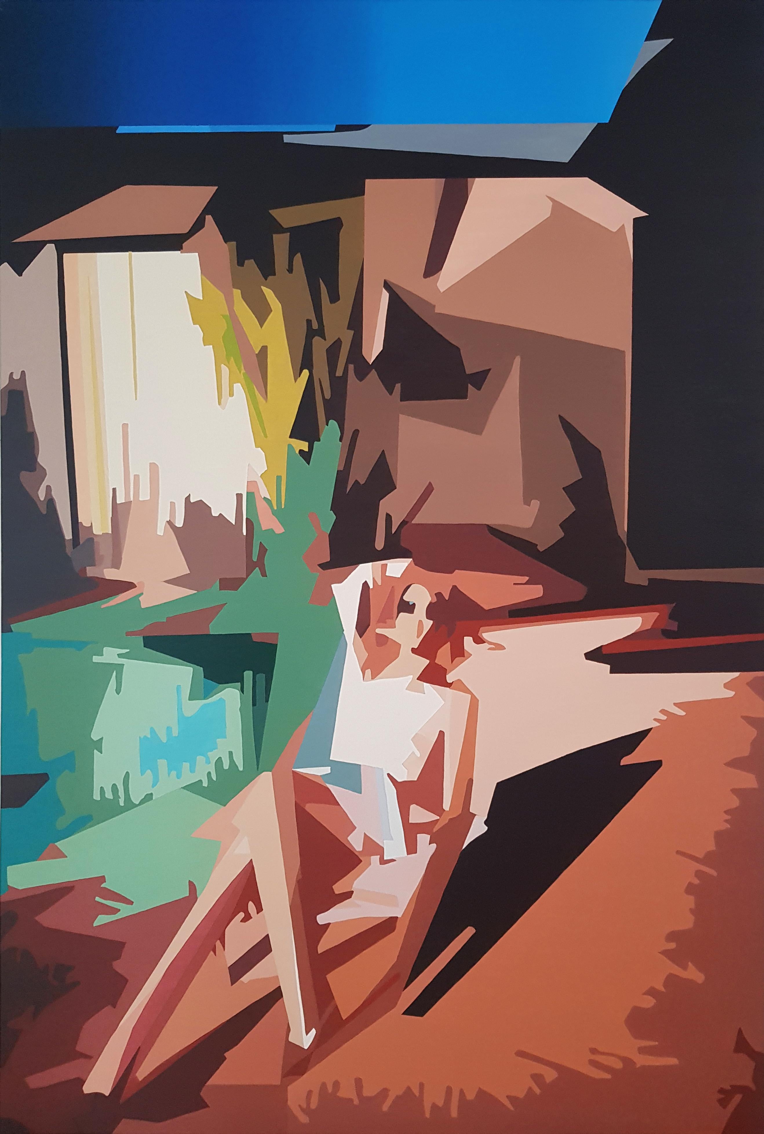 Landscape Painting de Radu Rodideal - Giro en mi sobriedad - Pintura Contemporánea, Mujer, Relax, Verde, Meditación