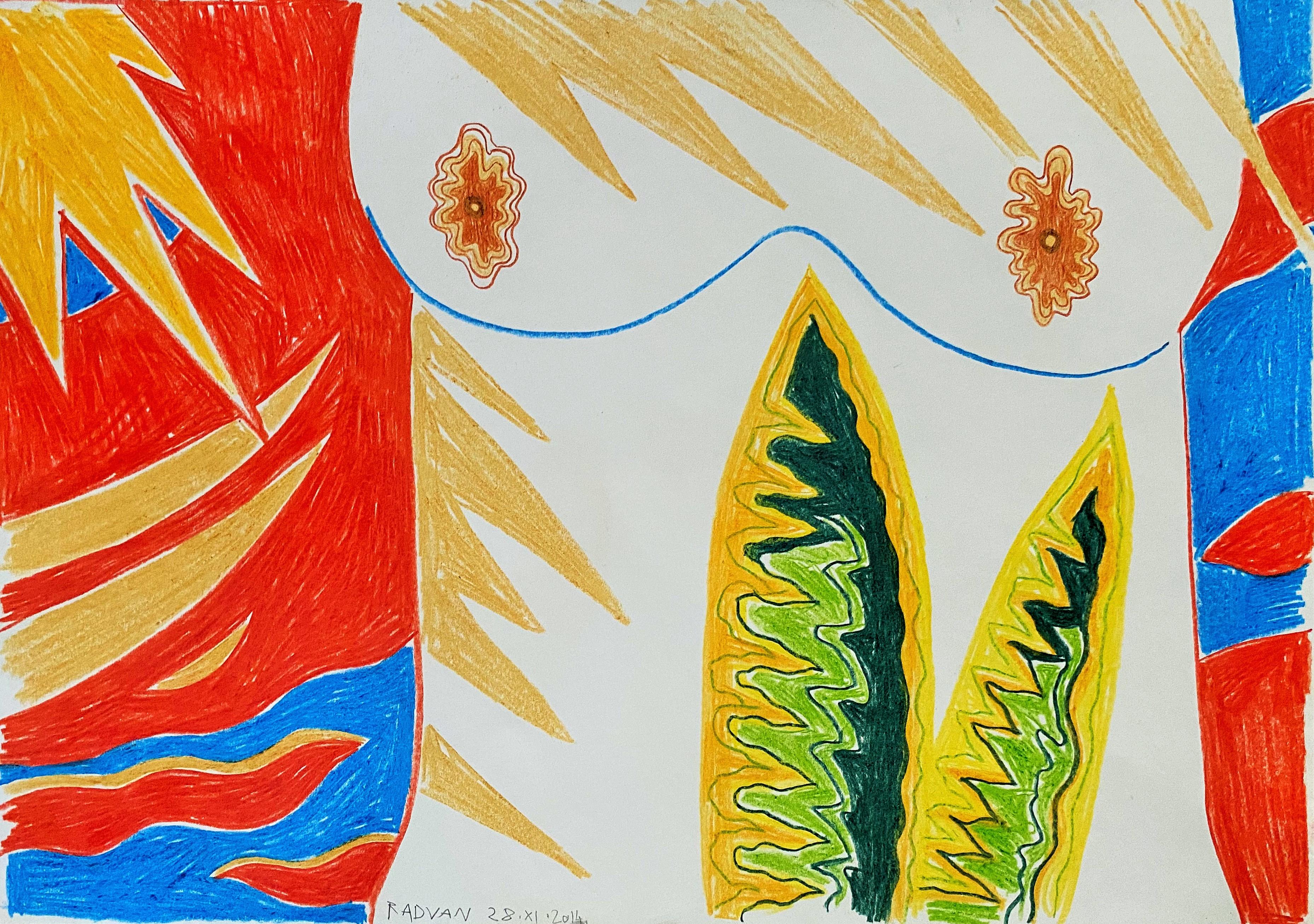 Island for Umberto 08 - 21st Century, Drawing, Nude, Red, Yellow, Blue, Summer - Art by Alexandru Rădvan