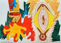 Island for Umberto 09 - Contemporary, Drawing, Nude, Summer, Red, Yellow