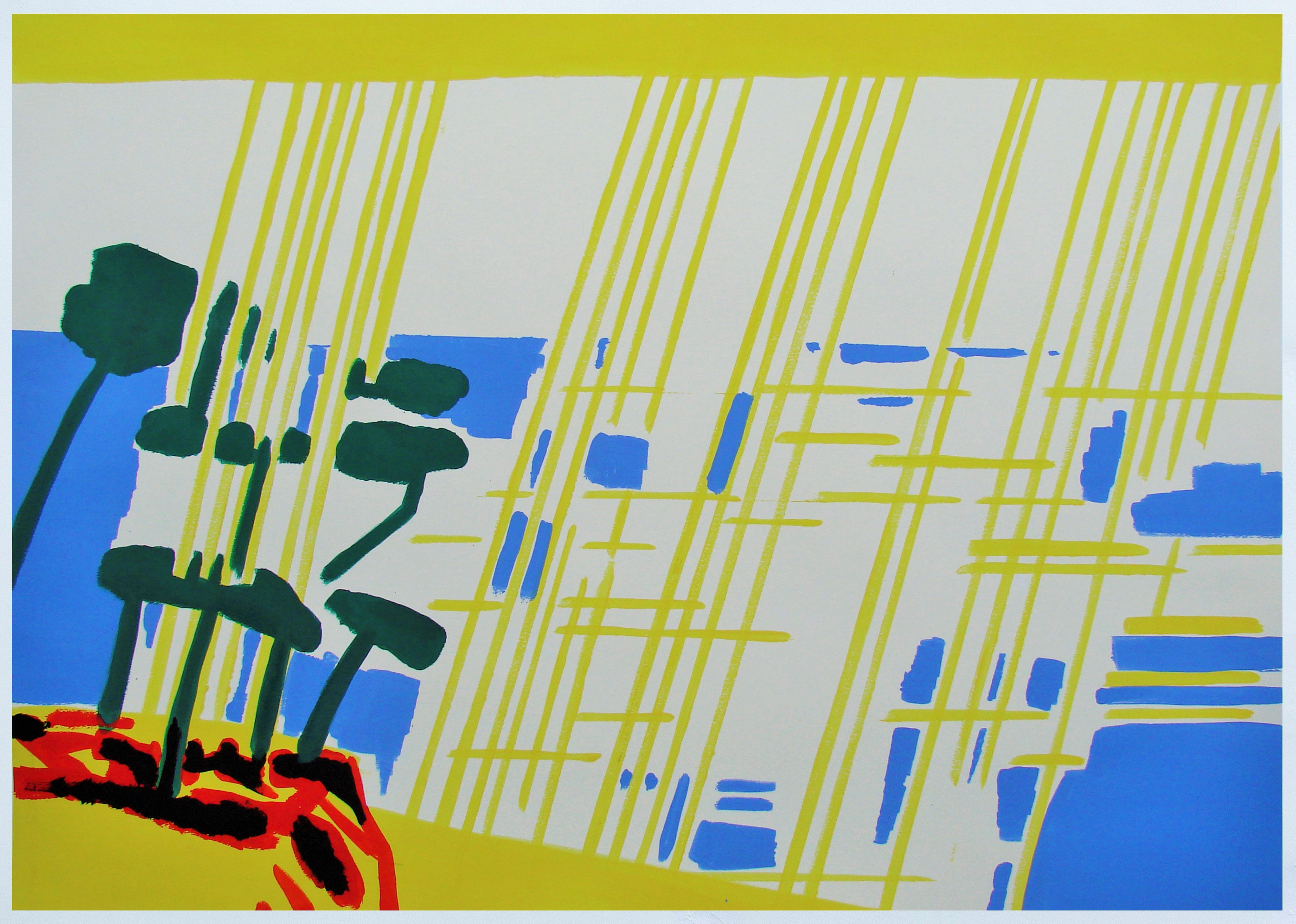 Meridional VIII - Zeitgenössisch, Zeichnung, Gelb, Blau, Rot, Landschaft, Sonne
