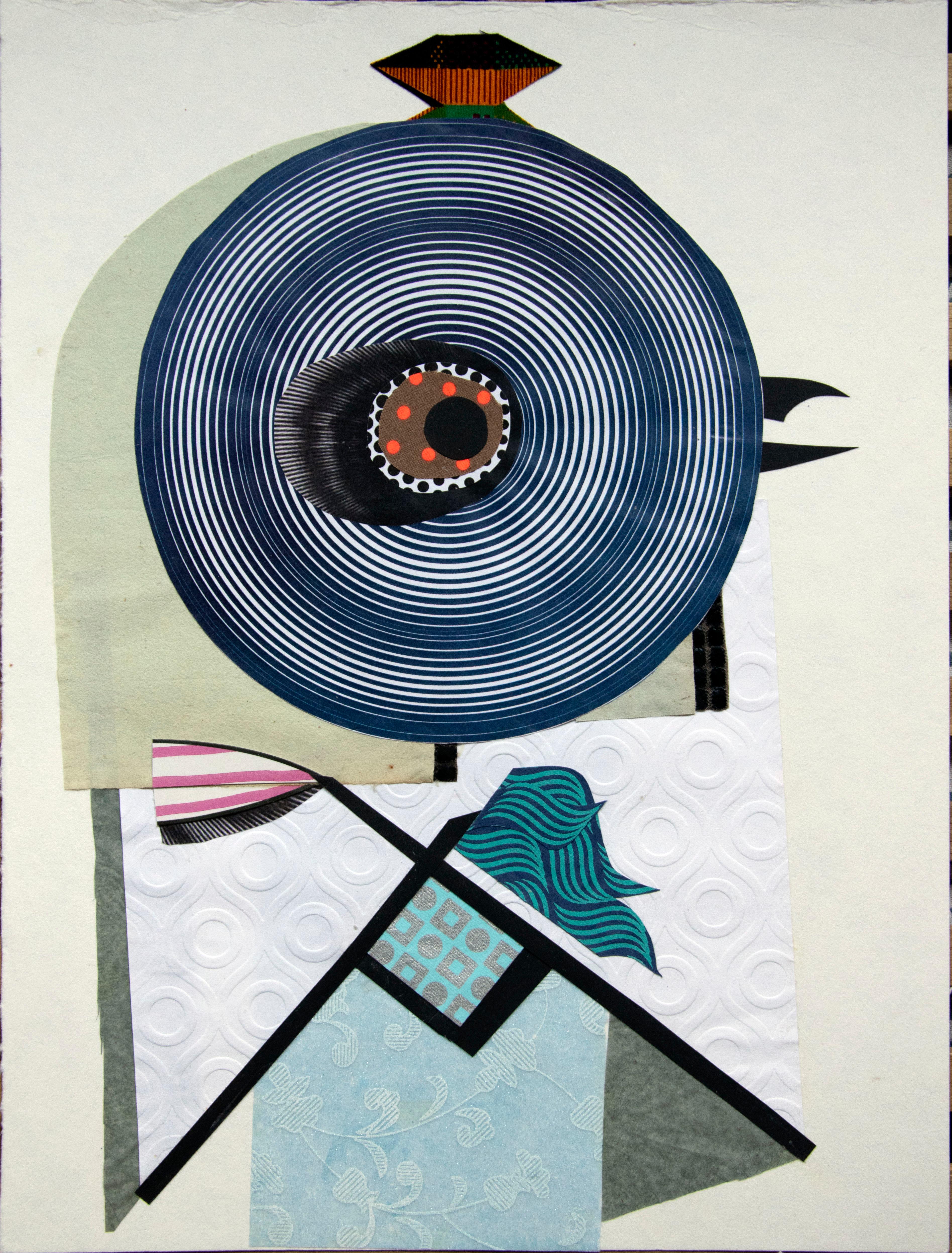 Raluca Arnăutu Abstract Drawing – The Maid - Contemporary, Blau, Grün, Weiß, 21. Jahrhundert, Collage, Lustig