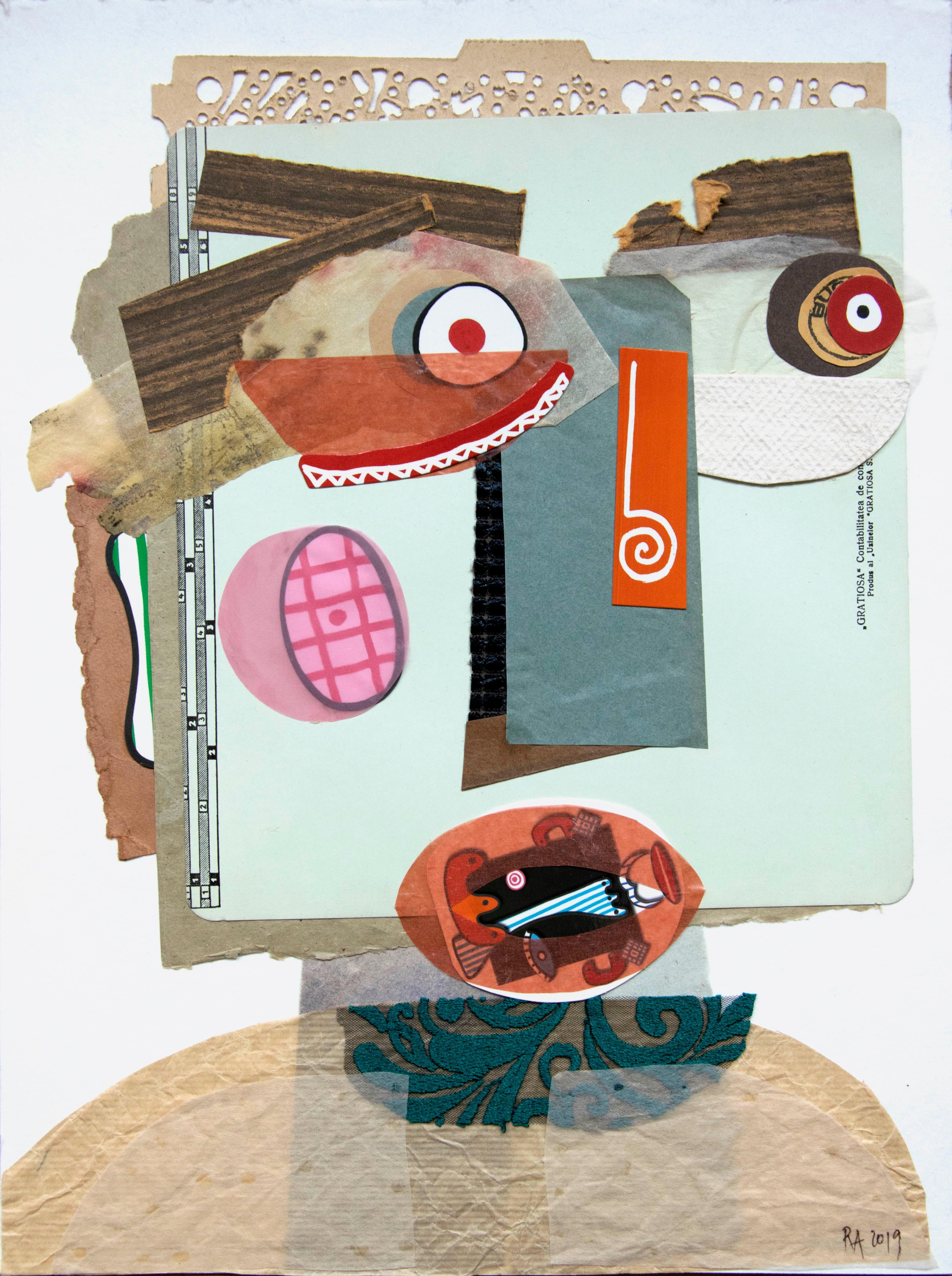 The Registrar - Art contemporain, collage sur papier, drôle, vert - Mixed Media Art de Raluca Arnăutu