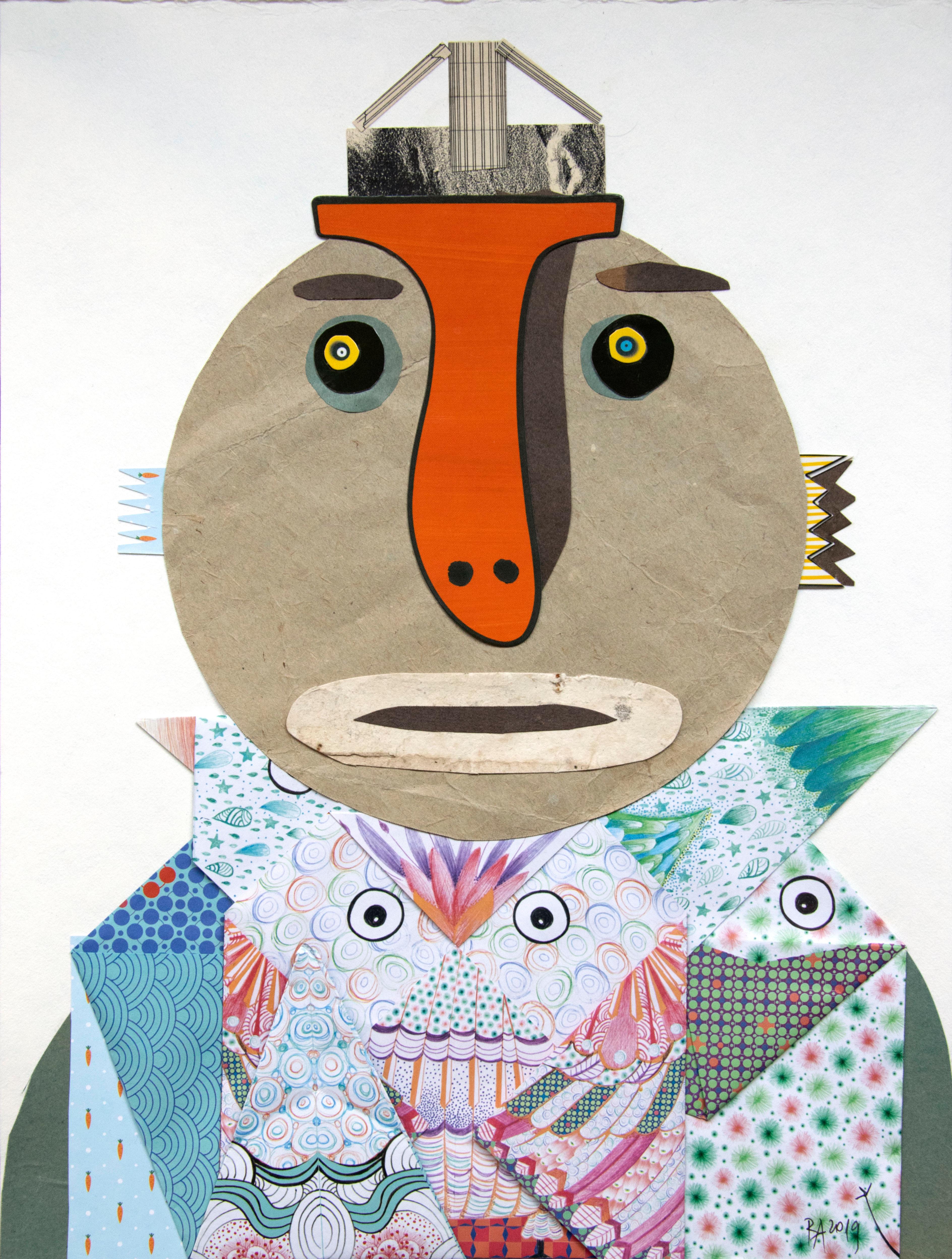 The Origami Seller - Contemporary Art, Collage, Orange, Funny, 21st Century