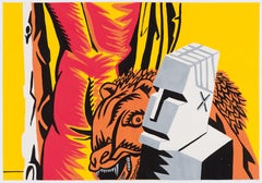 Hercule d'après Carracci V - Art contemporain, rouge, jaune, homme, lion, nu