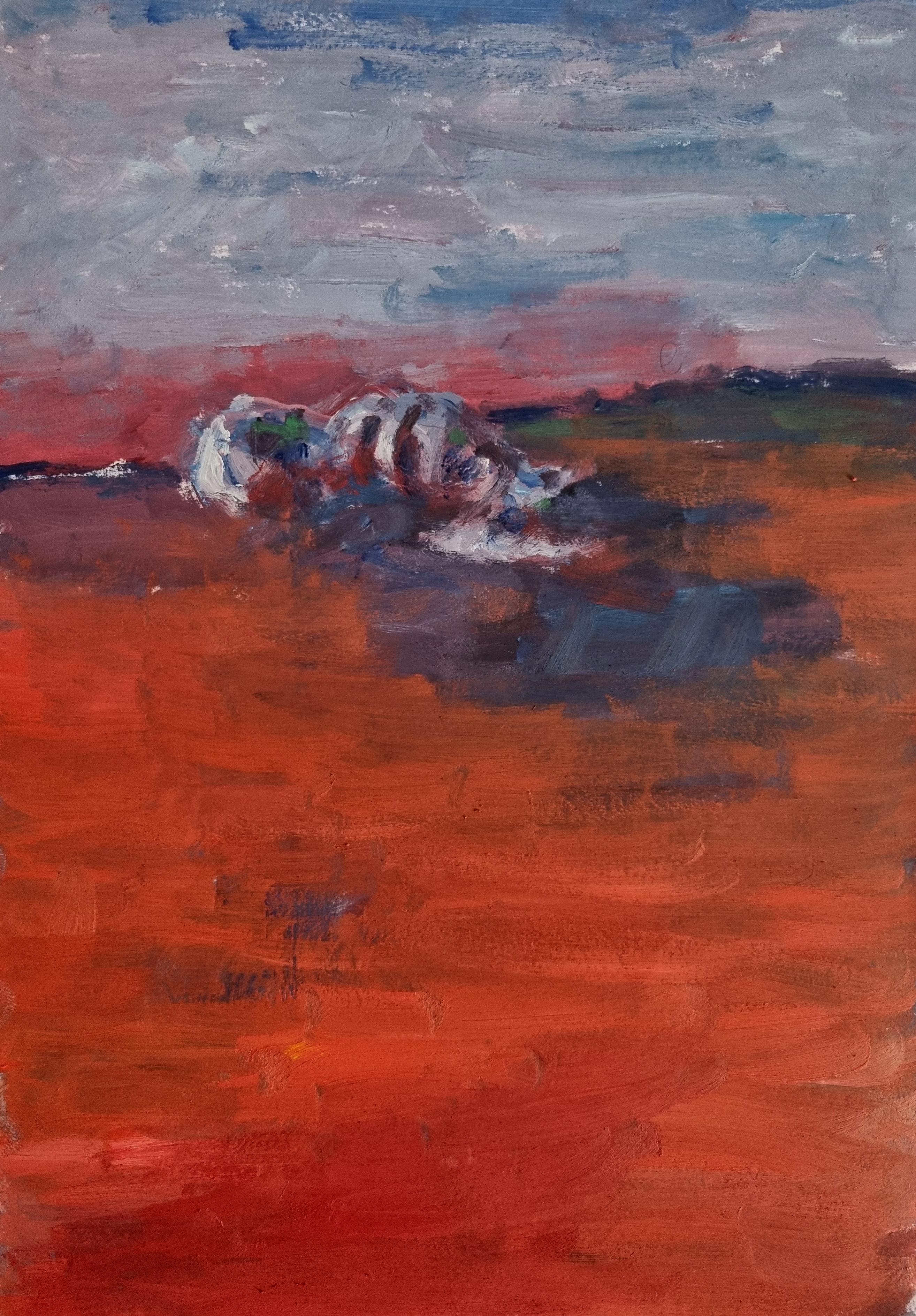 Zsolt Berszán Landscape Art – Remains (Body in the Field 1) – 21. Jahrhundert, Arbeit auf Papier, Rot, Zeitgenössisch