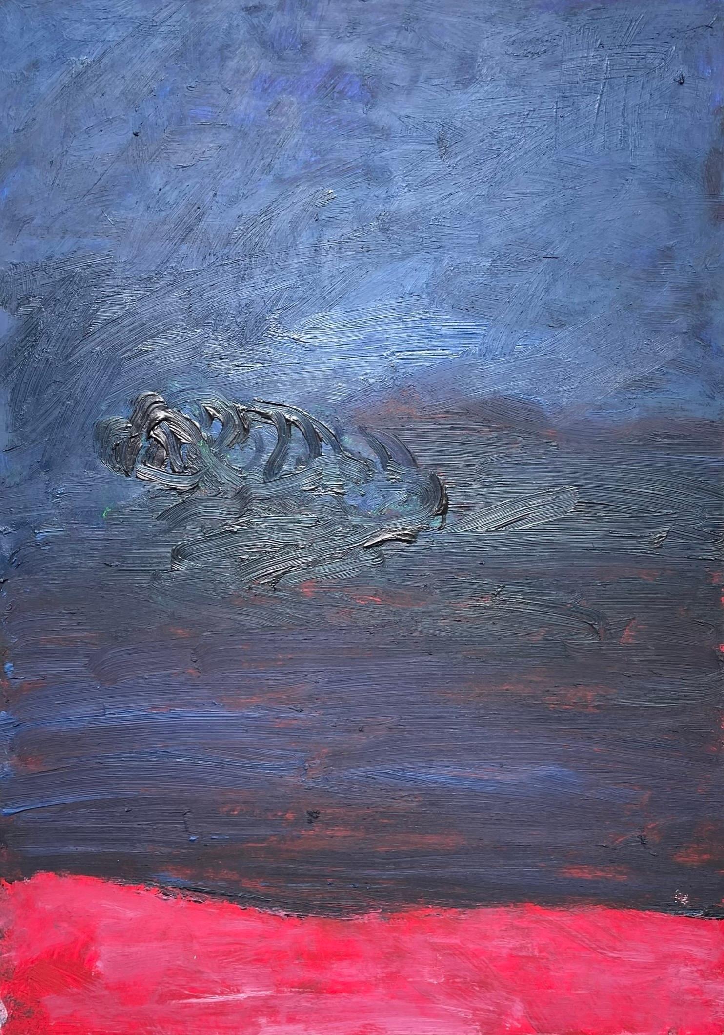 Zsolt Berszán Landscape Art – Remains (Body in the Field 4) – Zeitgenössisches, blaues, rosafarbenes Werk auf Papier