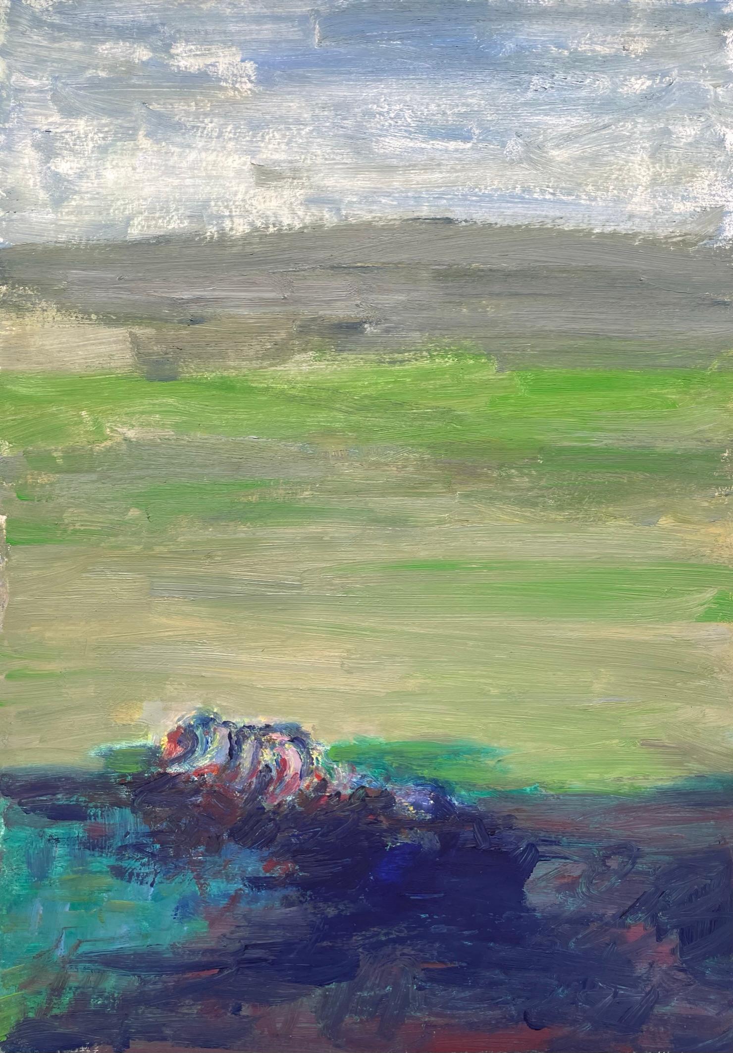 Zsolt Berszán Landscape Art - Remains (Body in the Field 7) - Contemporary, Green, Grey, Blue, 21st Century