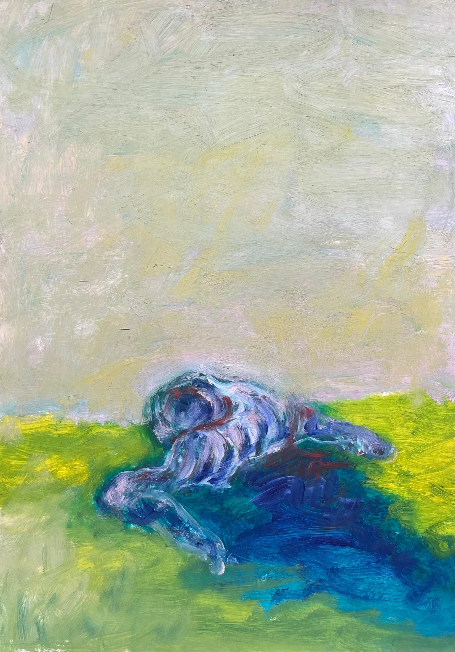 Zsolt Berszán Figurative Art – Remains (Body in the Field 12)  Zeitgenssisches, grnes, blaues Gemlde auf Papier