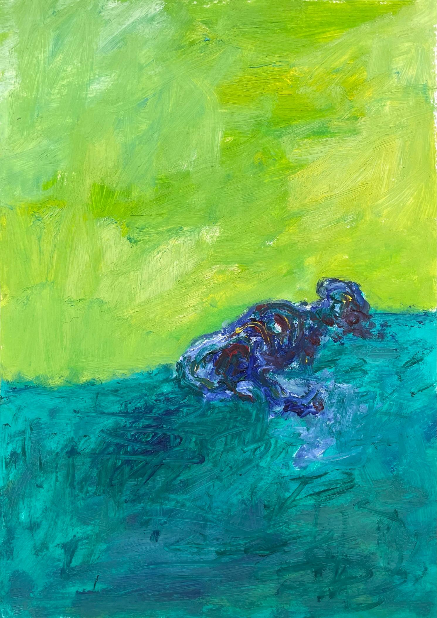 Zsolt Berszán Landscape Art - Remains (Body in the Field 13) - 21st Century, Green, Blue, Oil