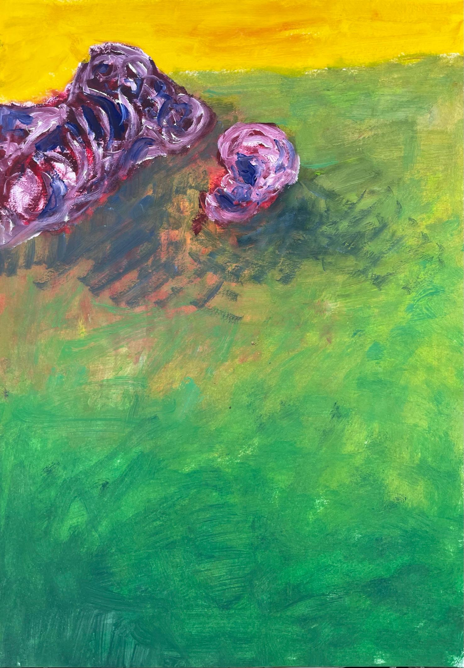 Zsolt Berszán Figurative Art – Remains (Body in the Field 14) – Zeitgenössisch, grün, gelb, rosa, 21. Jahrhundert