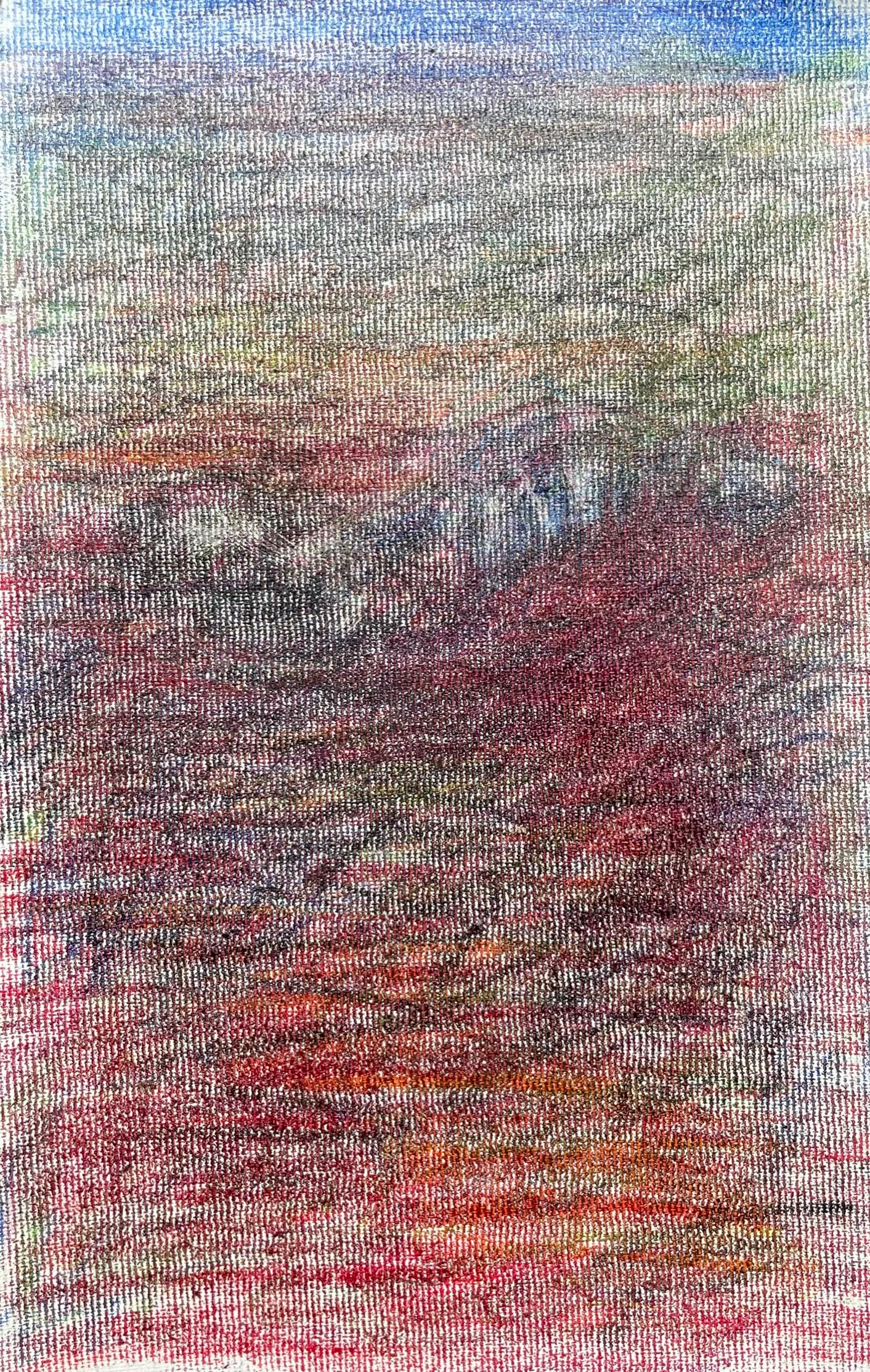 Zsolt Berszán Landscape Art – Body in the Field #2 - Rot, Blau, Zeichnung, Buntstifte, Landschaft