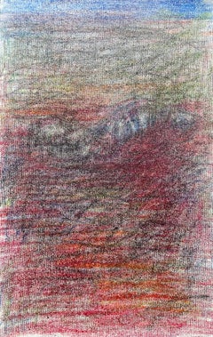 Body in the Field #2 - rouge, bleu, dessin, crayons colorés, paysage