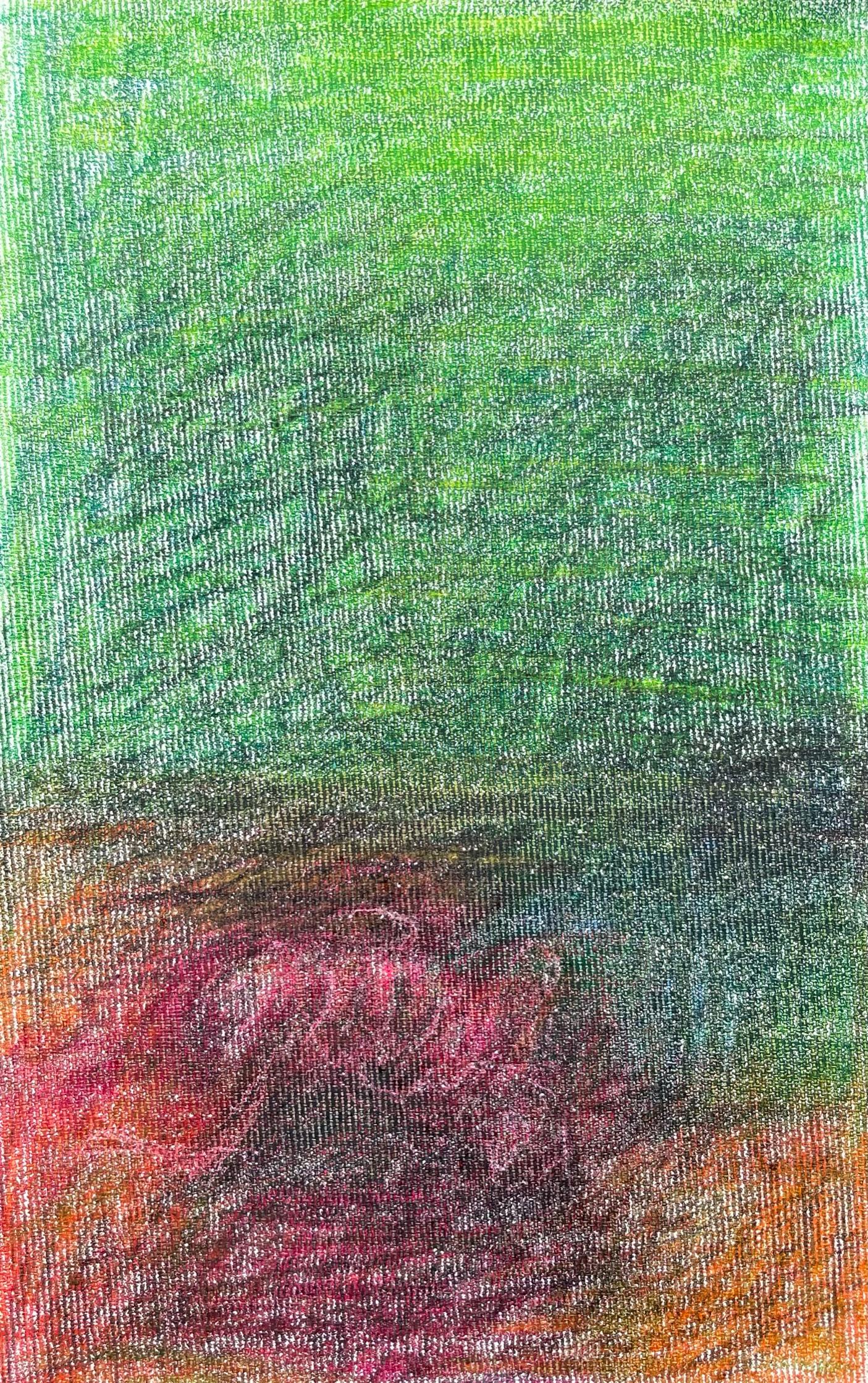 Figurative Art Zsolt Berszán - Body in the Field n°4 - Vert, rouge, dessin, crayon de couleur