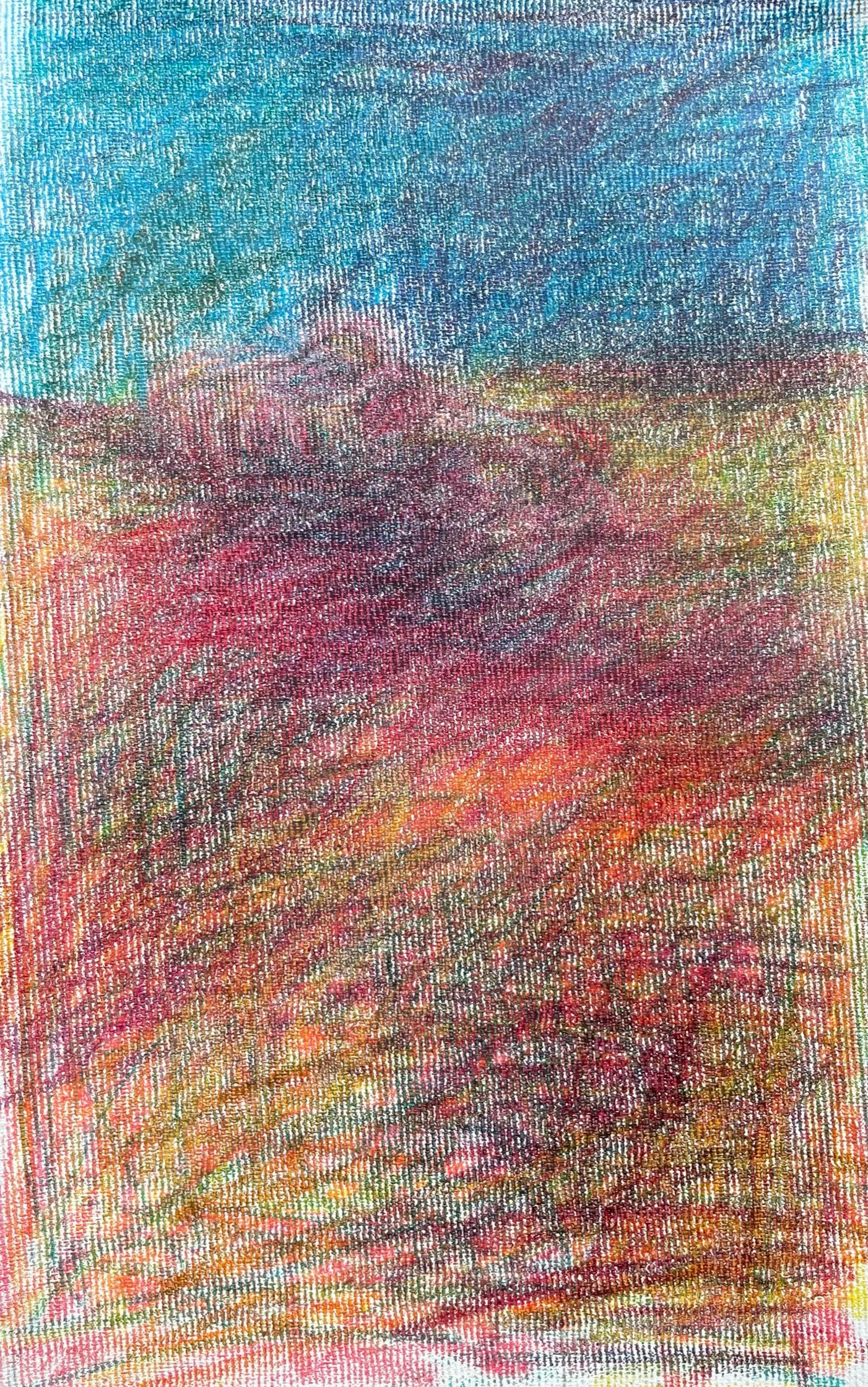 Landscape Art Zsolt Berszán - Body in the Field n° 5 - Bleu, rouge, dessin, crayon de couleur