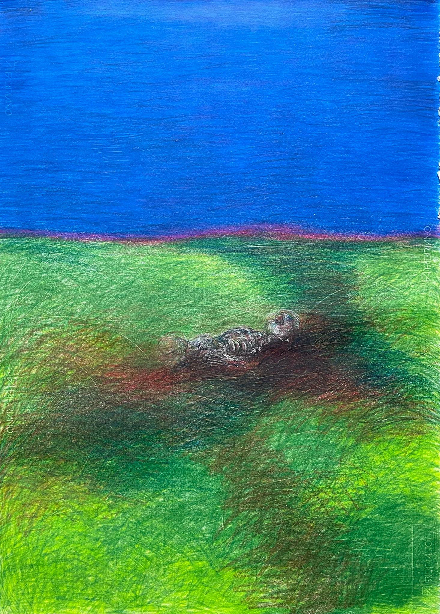 Zsolt Berszán Landscape Art - Untitled_Body on the Field #1 - 21st Century, Green, Blue, Sky, Contemporary