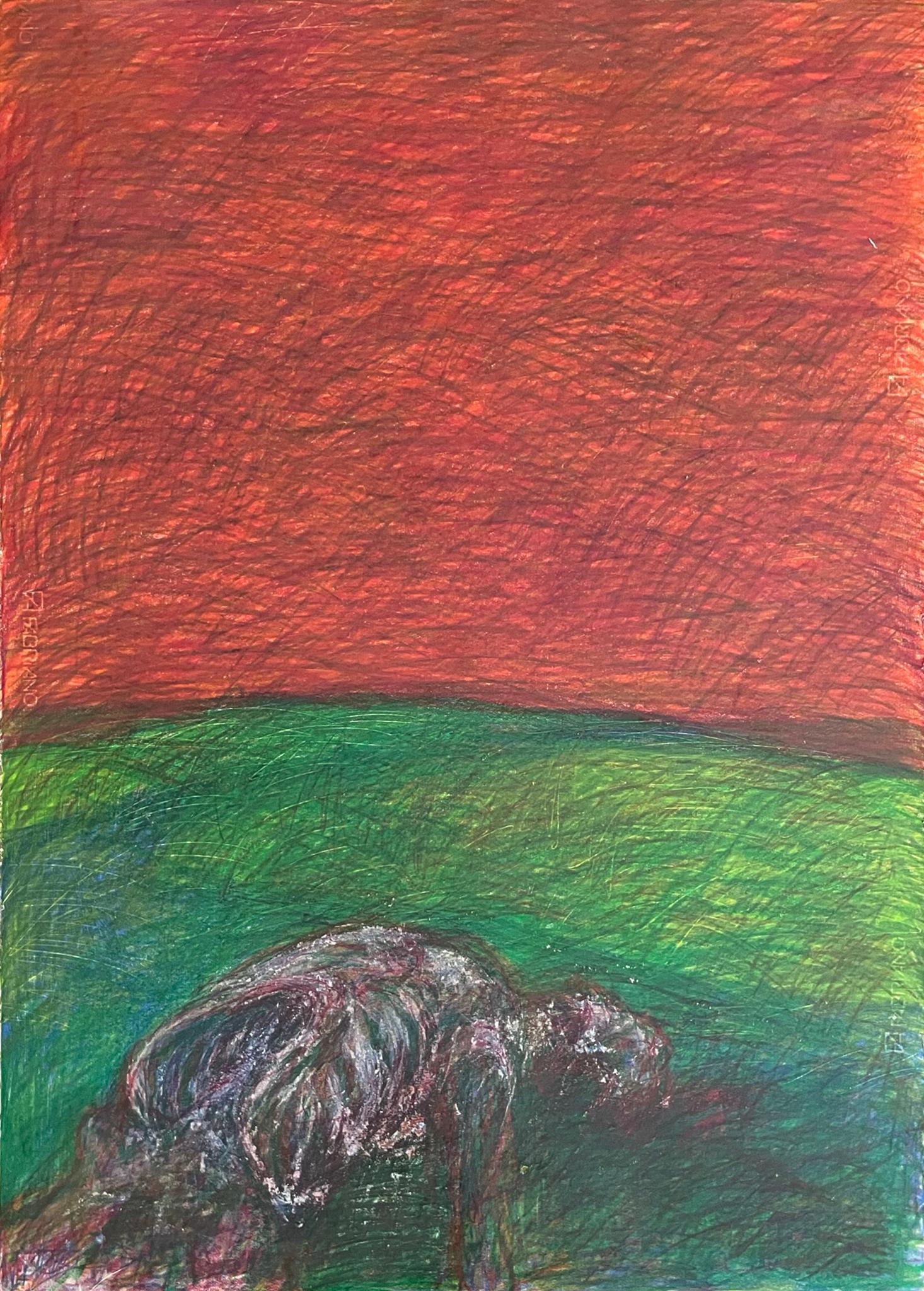 Zsolt Berszán Landscape Art - Untitled_Body on the Field #2 - Green, Red, Contemporary Art, Drawing