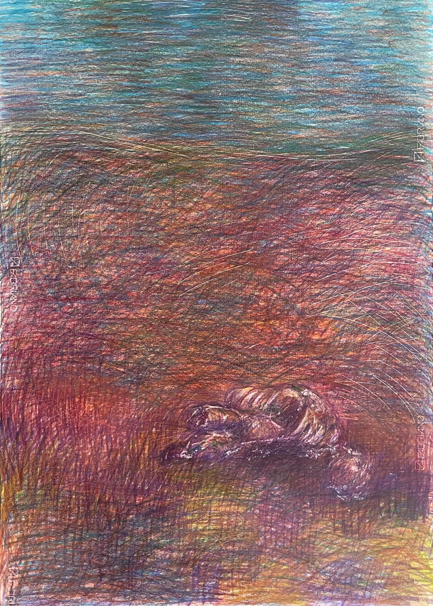 Untitled_Body on the Field #4 - Dessin, bleu, rouge, Contemporary