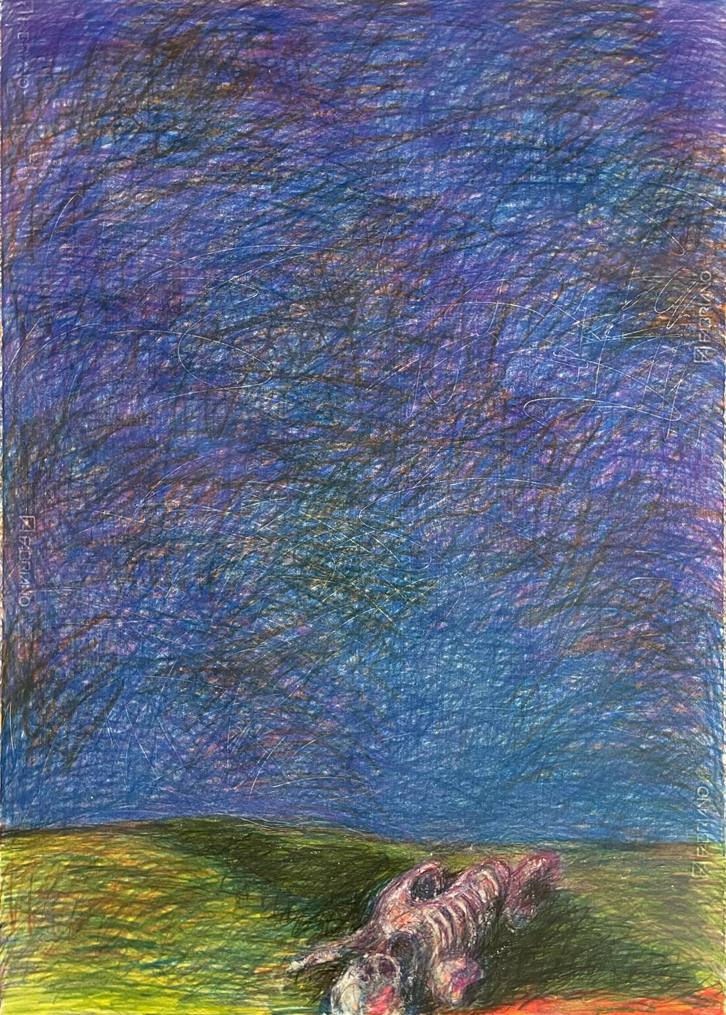 Zsolt Berszán Figurative Art – Ohne Titel_Body on the Field #8 - 21. Jahrhundert, Zeichnung, Blau, Grün, Gelb