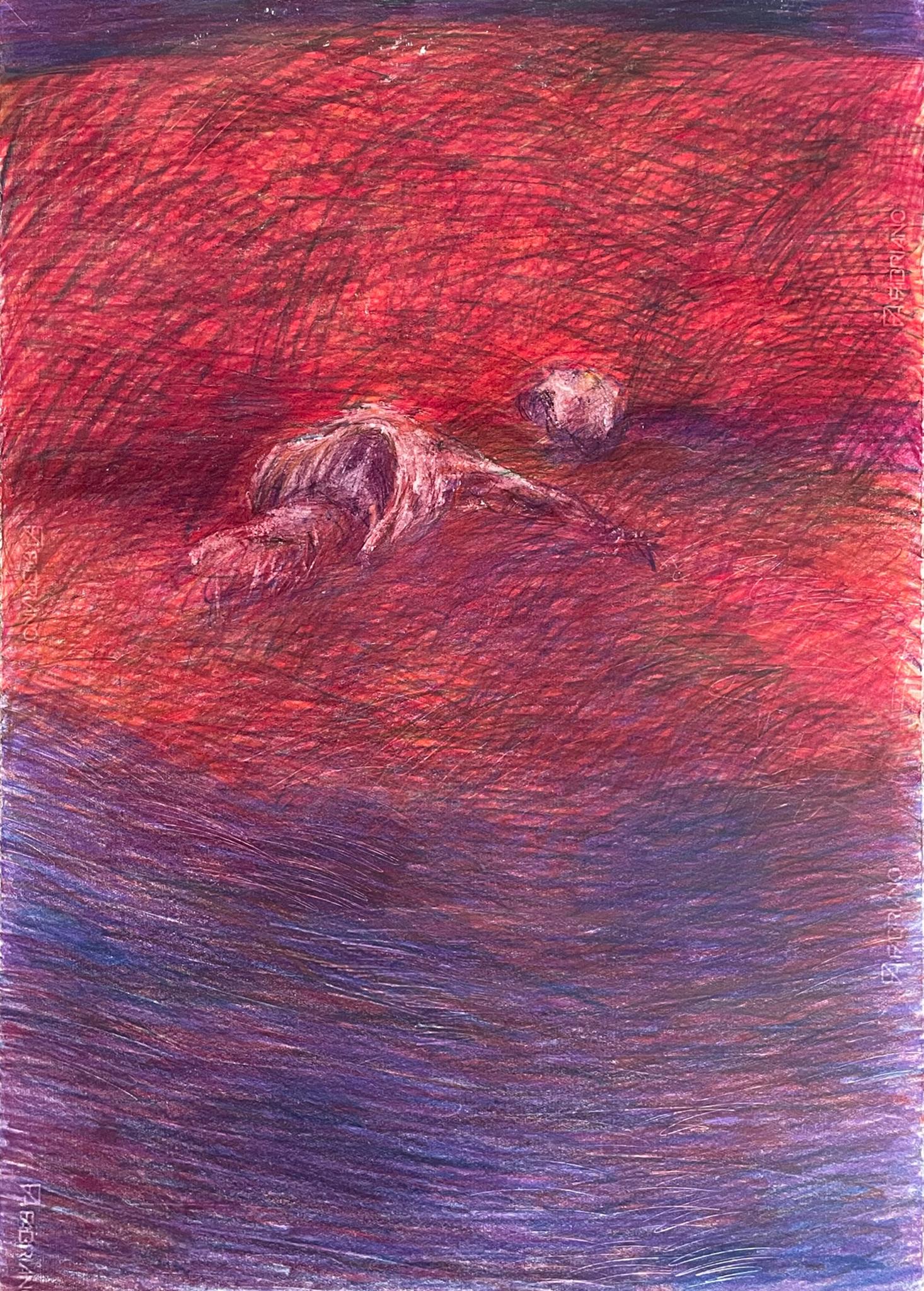 Zsolt Berszán Landscape Art – Untitled_Dead Body on the Field #1 – Rot, zeitgenössisch, 21. Jahrhundert, Zeichnung