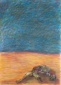 Untitled_Dead Body on the Field #2 - Dessin, bleu, orange, Contemporary