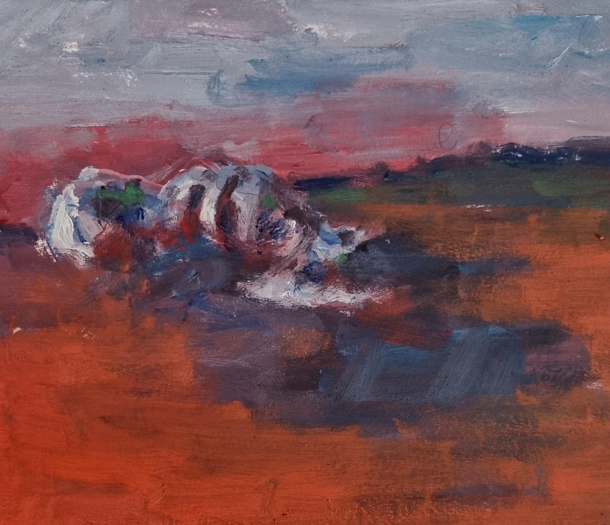 Remains (Body in the Field 1) – 21. Jahrhundert, Arbeit auf Papier, Rot, Zeitgenössisch (Braun), Landscape Art, von Zsolt Berszán