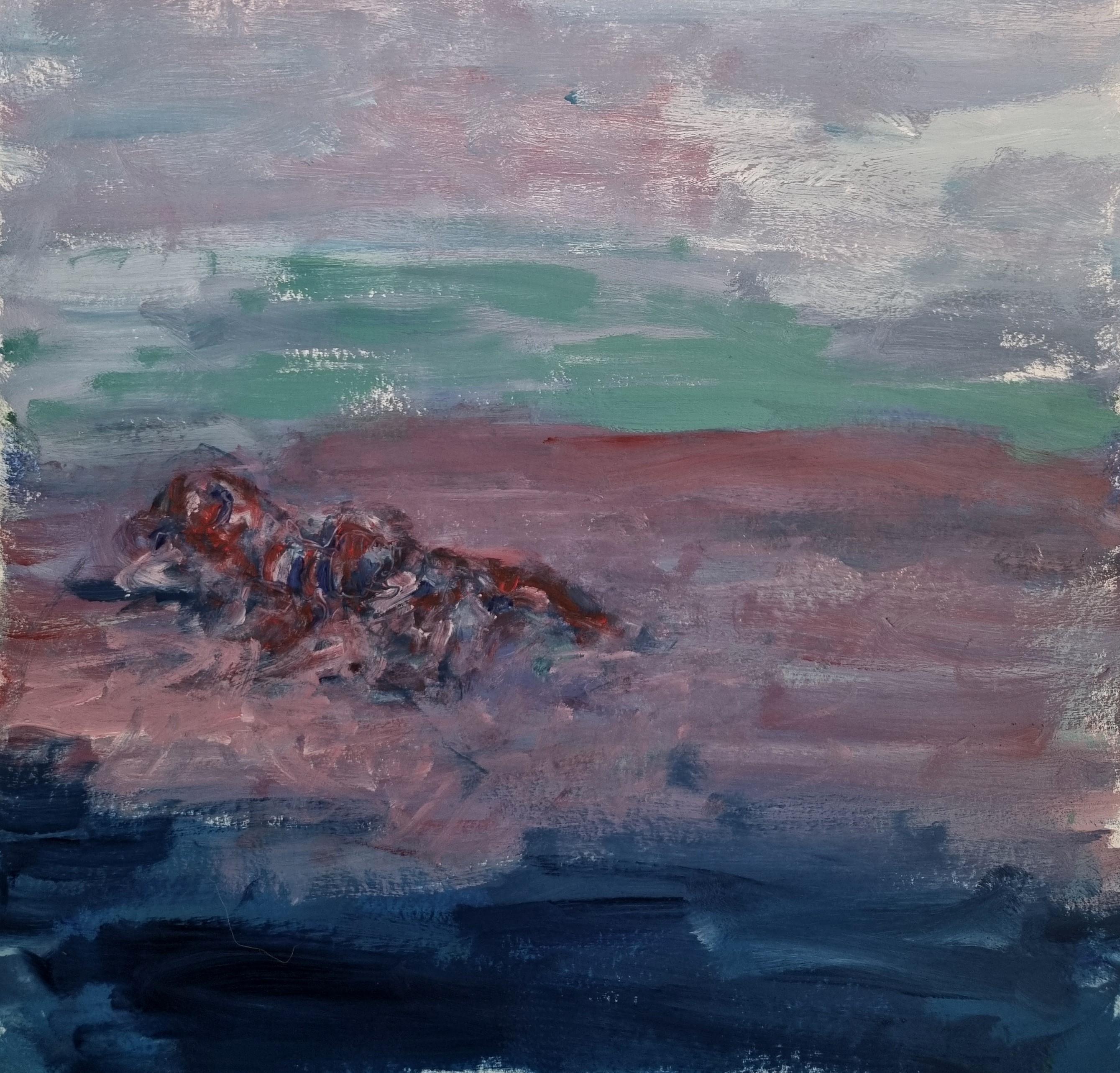 Remains (Body in the Field 2), 2022
oil on paper 
16 17/32 H x 11 13/16 W in.
42 H x 30 W cm

Signed on reverse

Zsolt Berszán embodies in his works the dissolution of the human body through the prism of the fragment, the body in pieces, and the