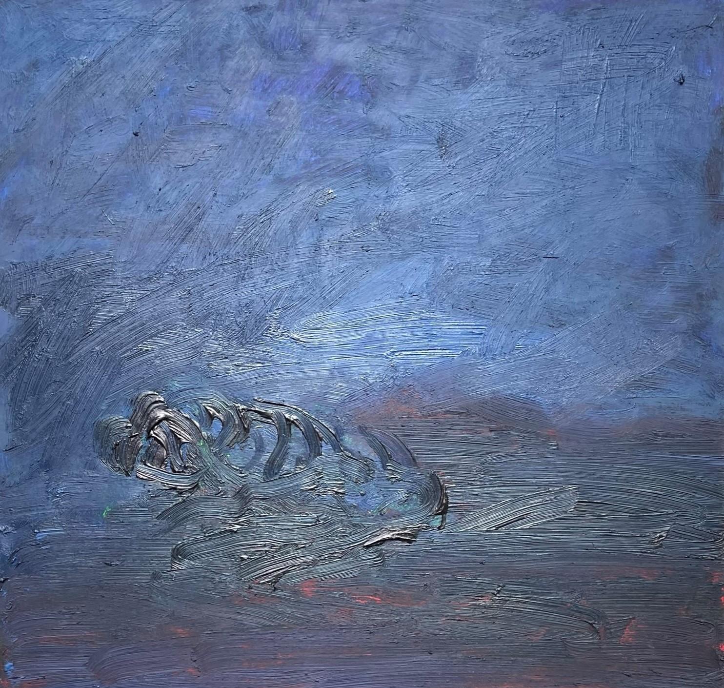 Remains (Body in the Field 4) – Zeitgenössisches, blaues, rosafarbenes Werk auf Papier (Abstrakter Expressionismus), Art, von Zsolt Berszán