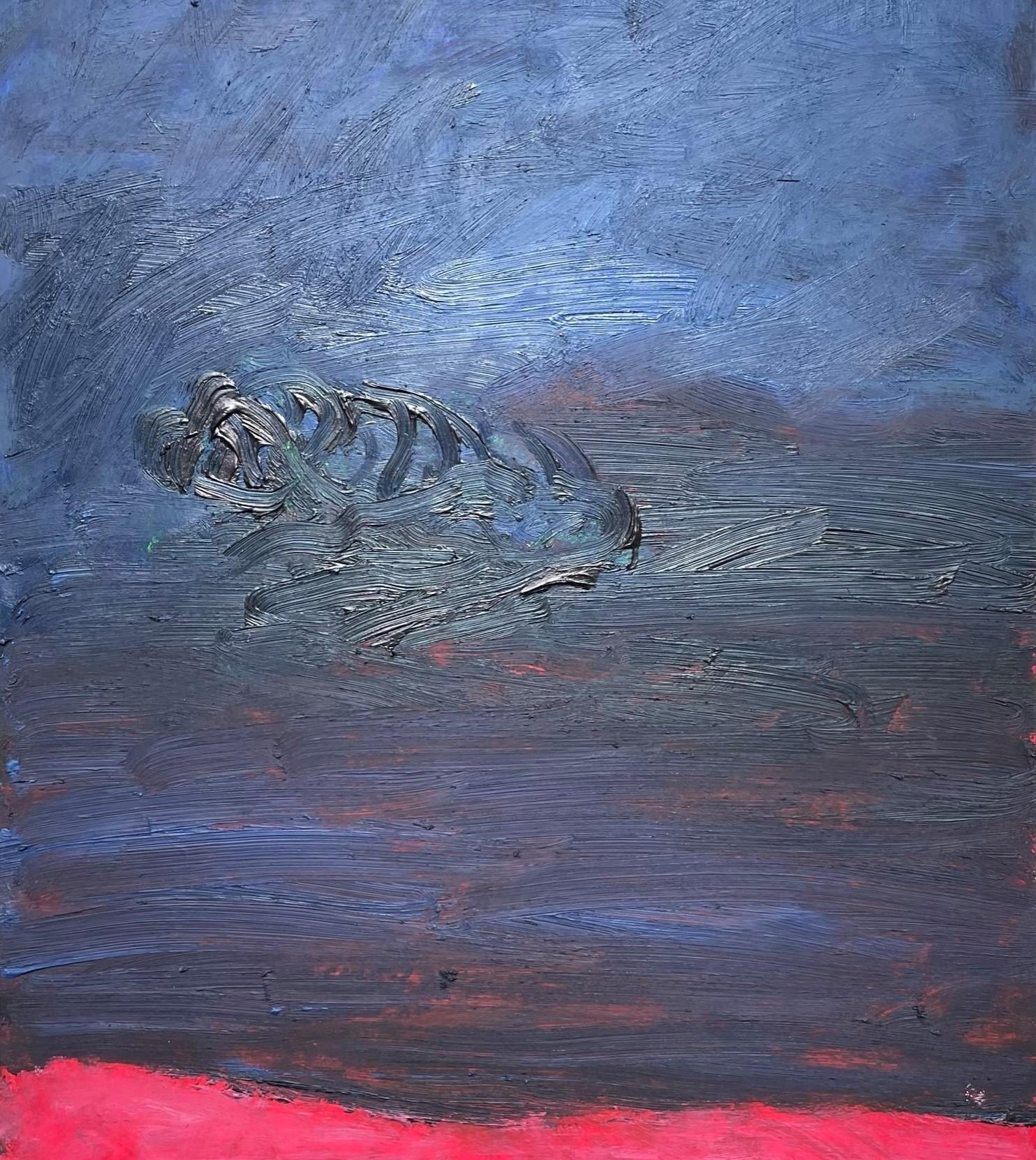 Remains (Body in the Field 4) – Zeitgenössisches, blaues, rosafarbenes Werk auf Papier (Grau), Landscape Art, von Zsolt Berszán